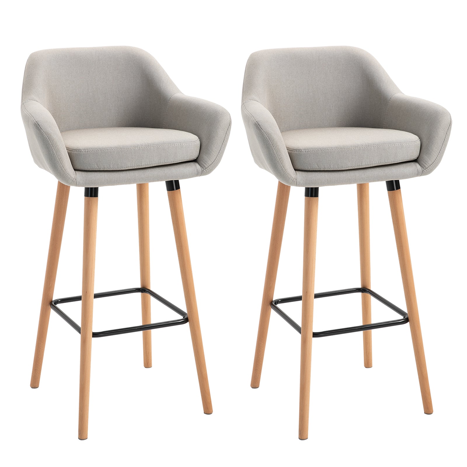 HOMCOM Set of 2 Bar Stools Modern Upholstered Seat Bar Chairs w/ Metal Frame, Solid Wood Legs Living Room Dining Room Fabric Furniture - Beige