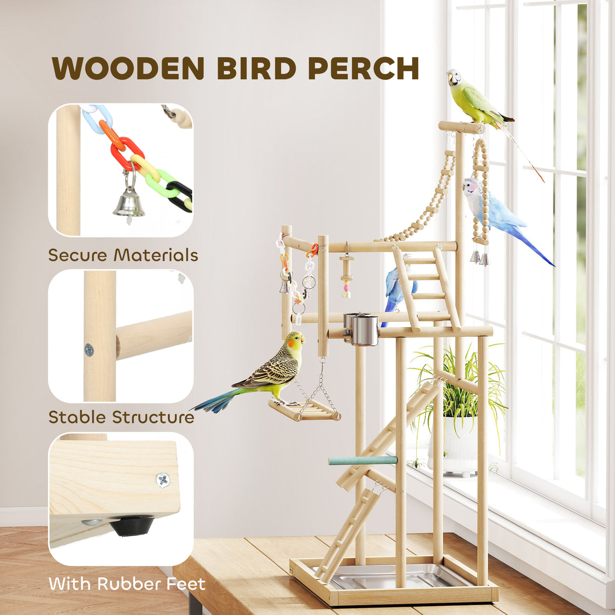 PawHut 95 cm Wooden Bird Playground with Ladders, Chain Toy, Stainless Steel Cups and Tray, Bird Cage Accessories, Natural