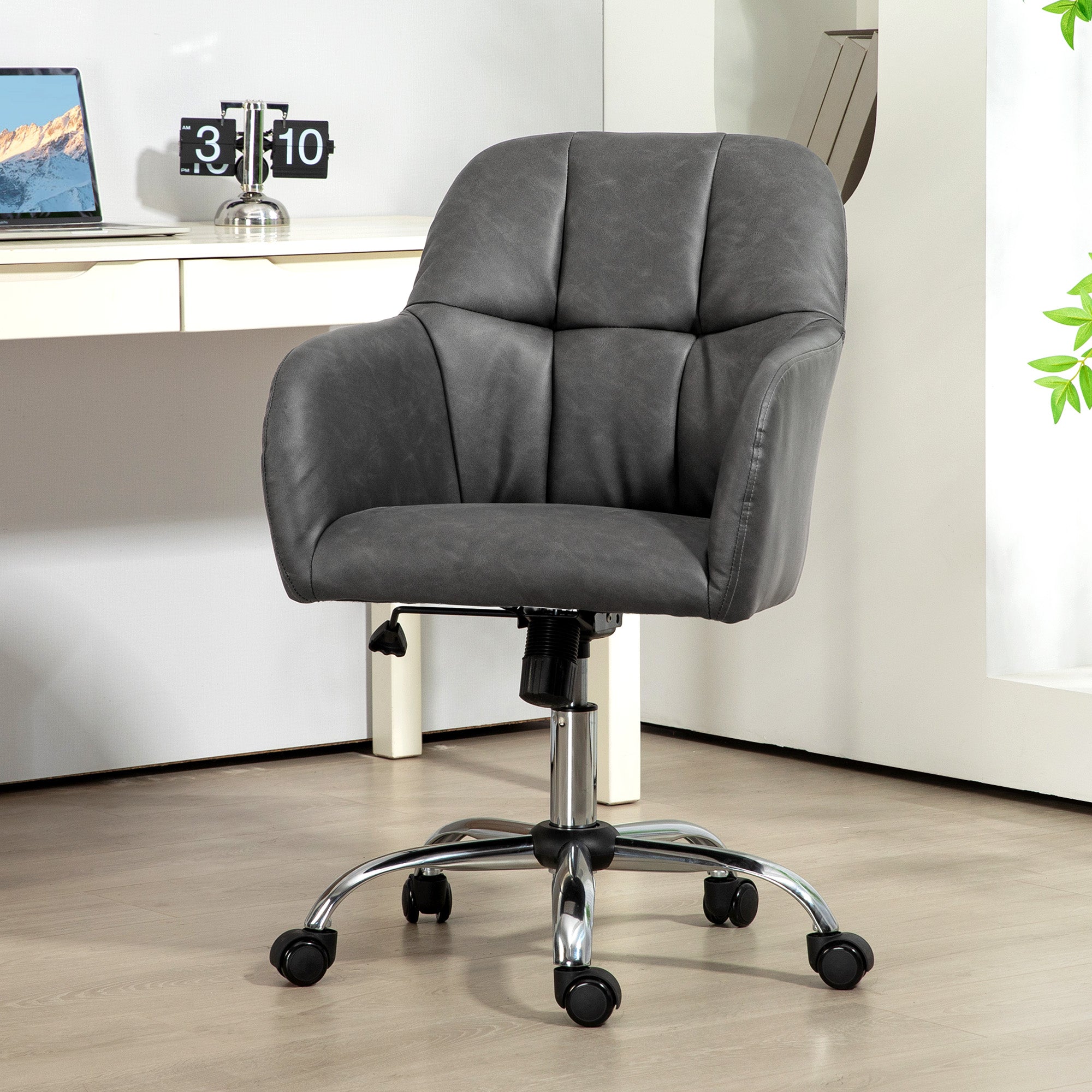 HOMCOM Faux Leather Tub Office Chair, with Wheels - Grey - North Peak Garden Furniture