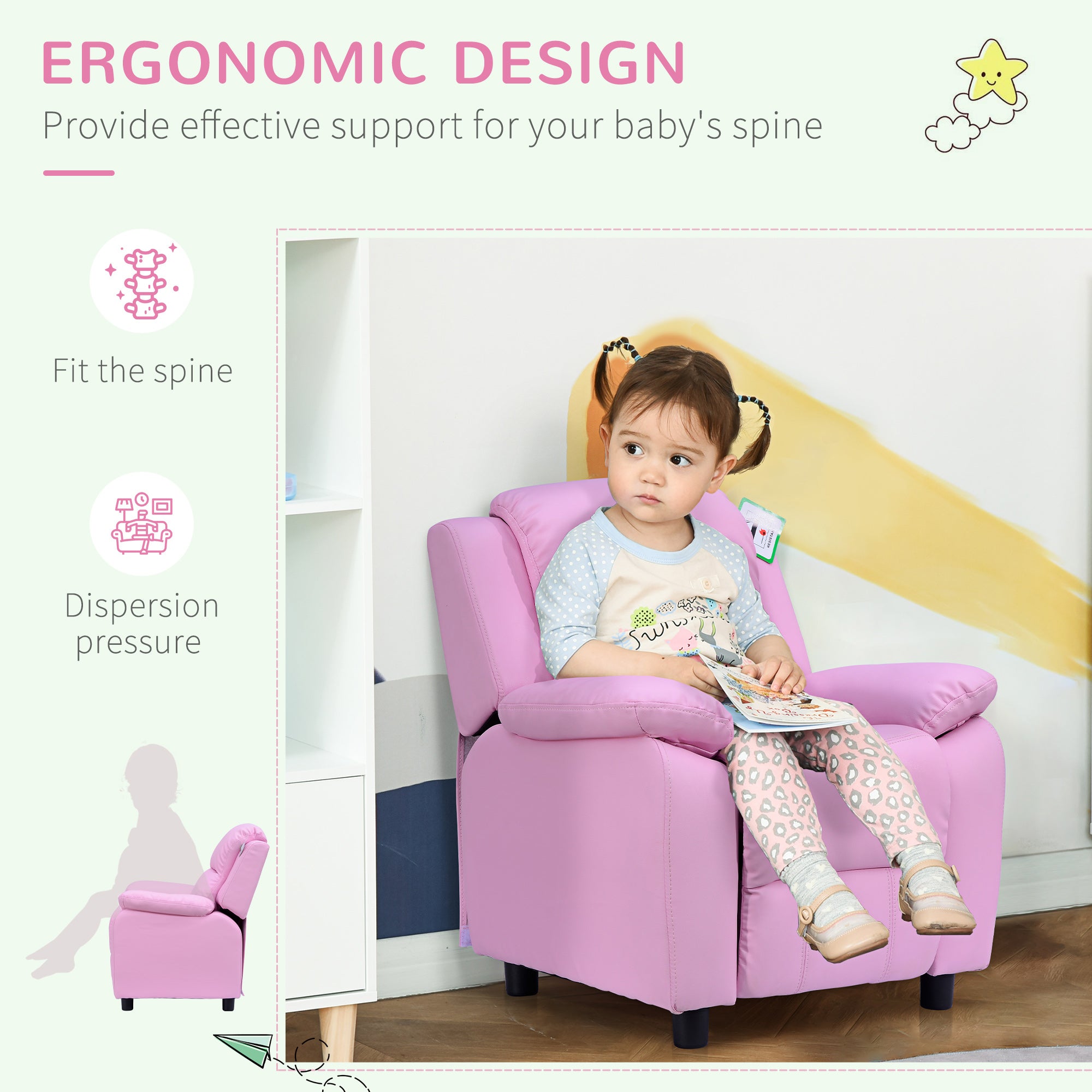 HOMCOM Kids Sofa Armchair Toddler Recliner Children's  Chair Lounger Games Chair  PU Leather w/ Storage  (Pink)