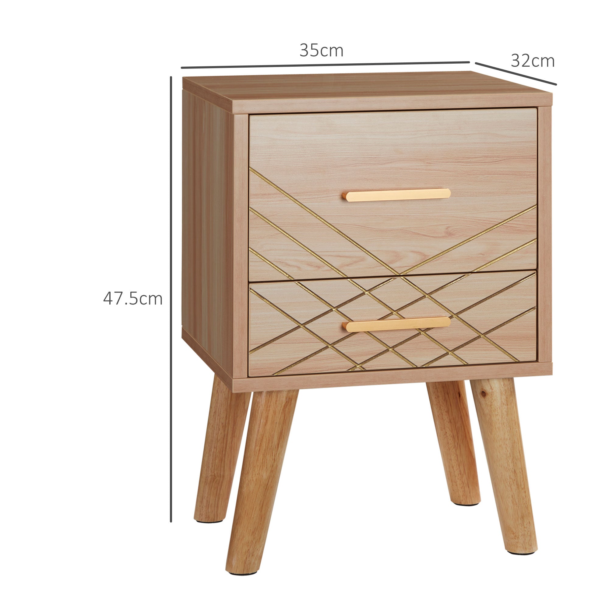HOMCOM Bedside Cabinet, Scandinavian Bedside Table with Drawers, Bed Side Table with Wood Legs, Natural - North Peak Garden Furniture