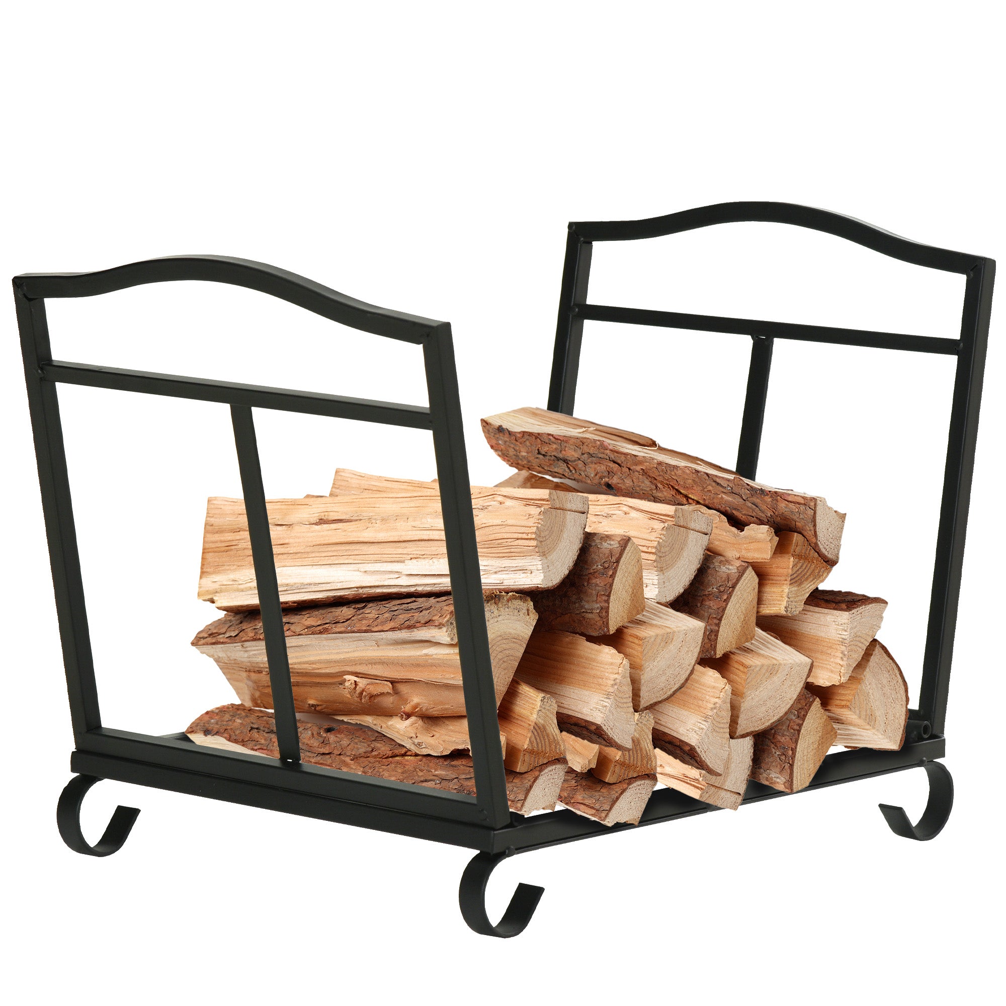 Outsunny Metal Firewood Log Holder Indoor Outdoor Folding Firewood Rack Fireplace Wood Storage Shelf w/ Scrolls, Rust-Resistant, Black, 48L x 34W x 37Hcm - North Peak Garden Furniture