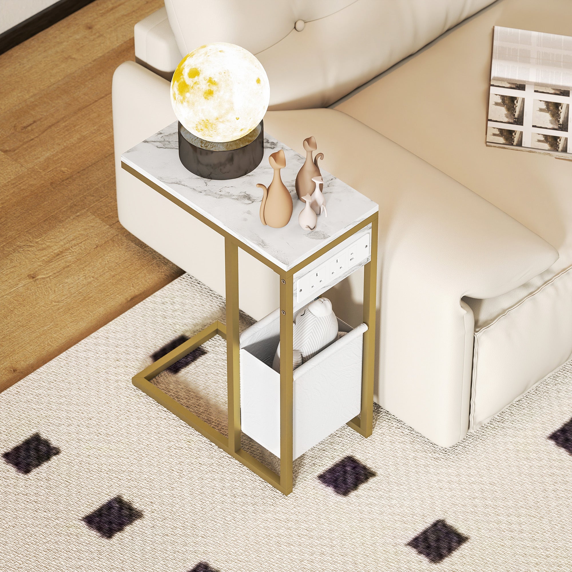 HOMCOM C Shaped Side Table with Charging Station and Faux Marble Top - White - North Peak Garden Furniture