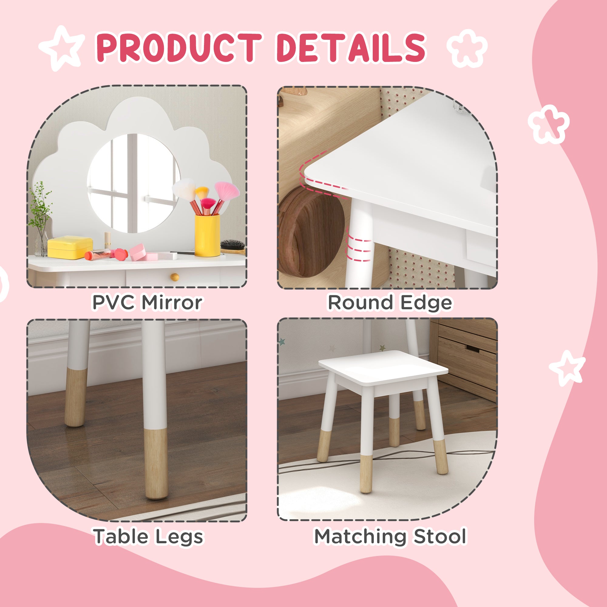 AIYAPLAY Kids Dressing Table with Mirror, Stool, Drawer, Cloud Design, White - North Peak Garden Furniture