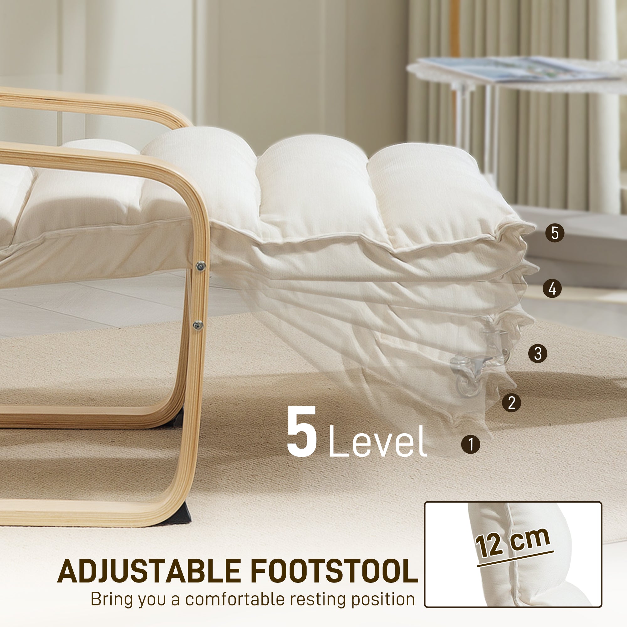 HOMCOM Curved Wooden Accent Chair, with Adjustable Footrest - Cream White - North Peak Garden Furniture