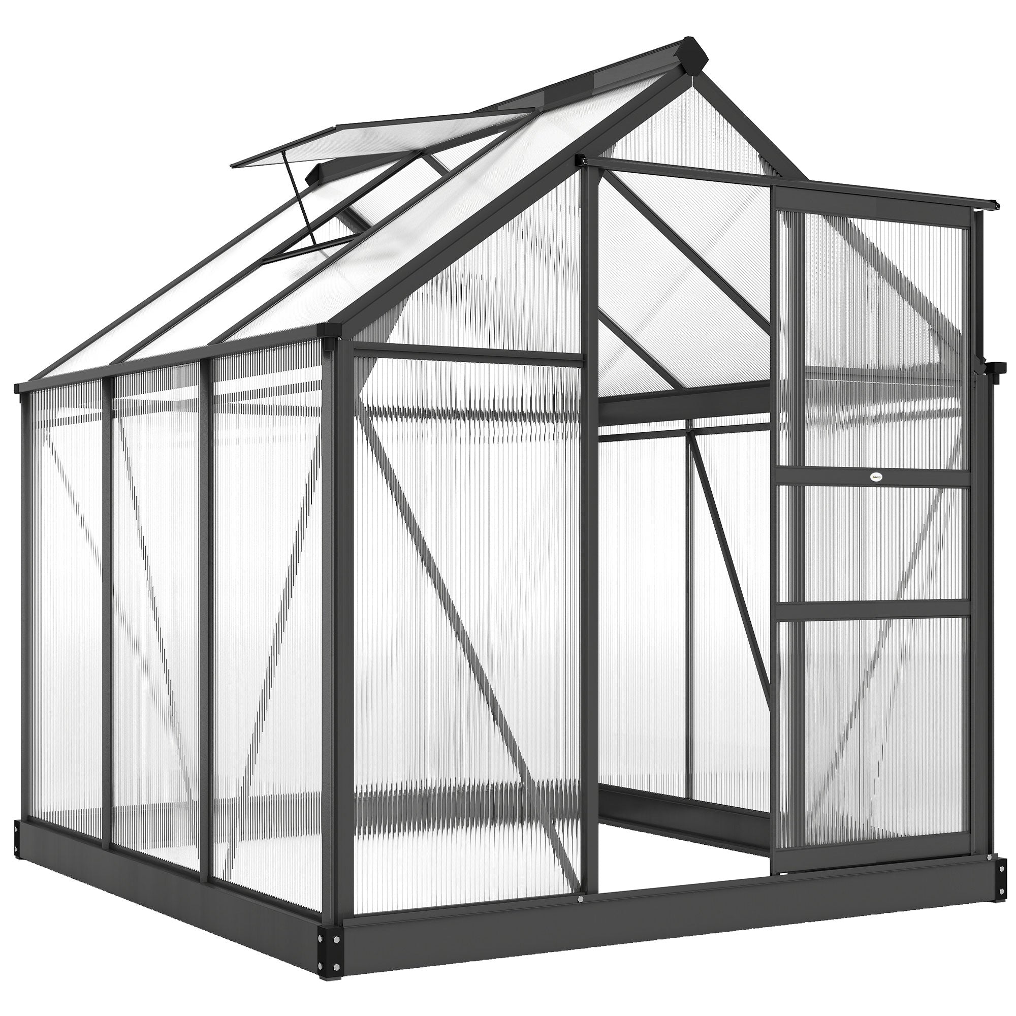 Outsunny 6 x 6ft Polycarbonate Greenhouse, Large Walk-In Green House with Slide Door and Window, Garden Plants Grow House with Aluminium Frame and Foundation, Grey