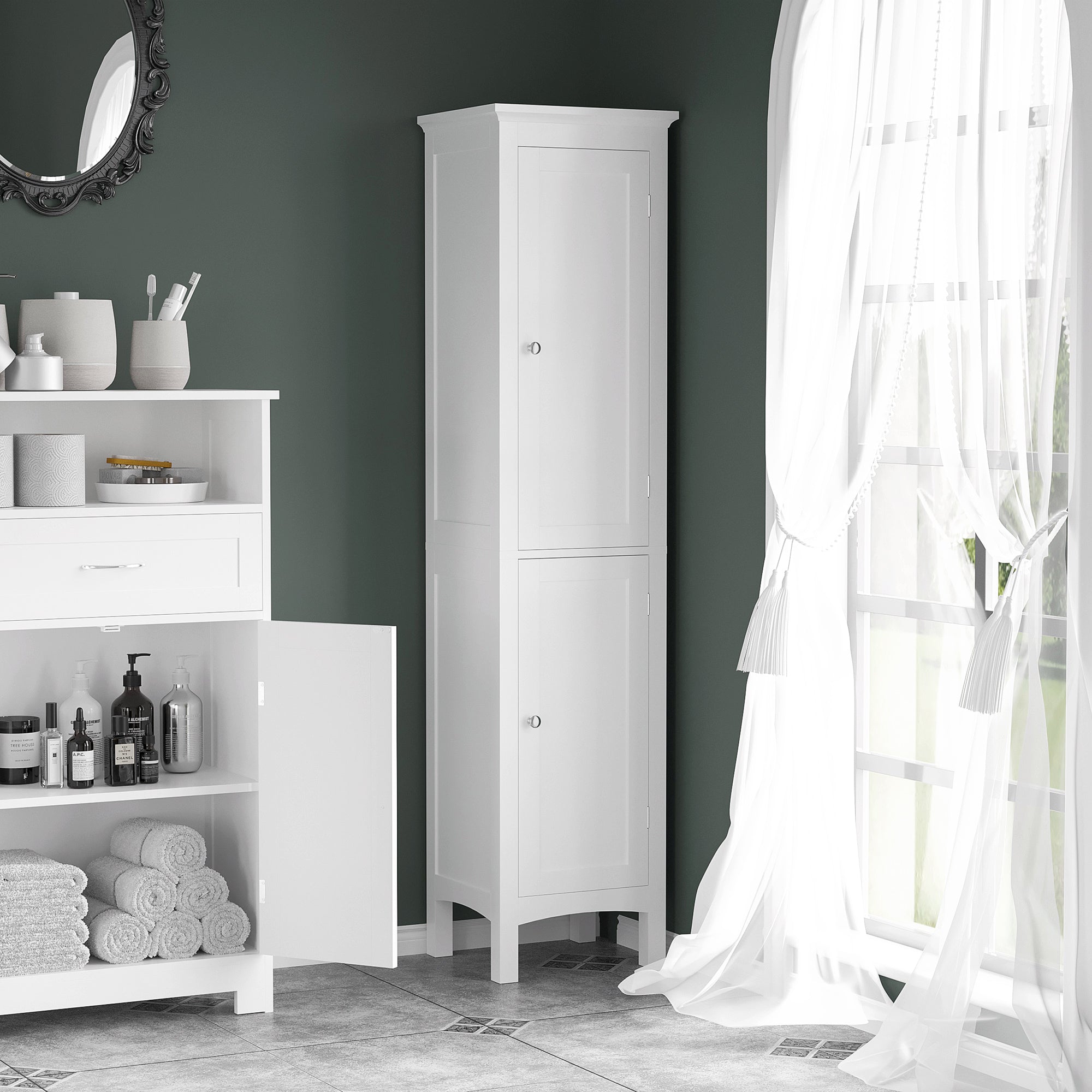kleankin Tall Bathroom Storage Unit, Slim Bathroom Cabinet with Adjustable Shelves and Double Door, White