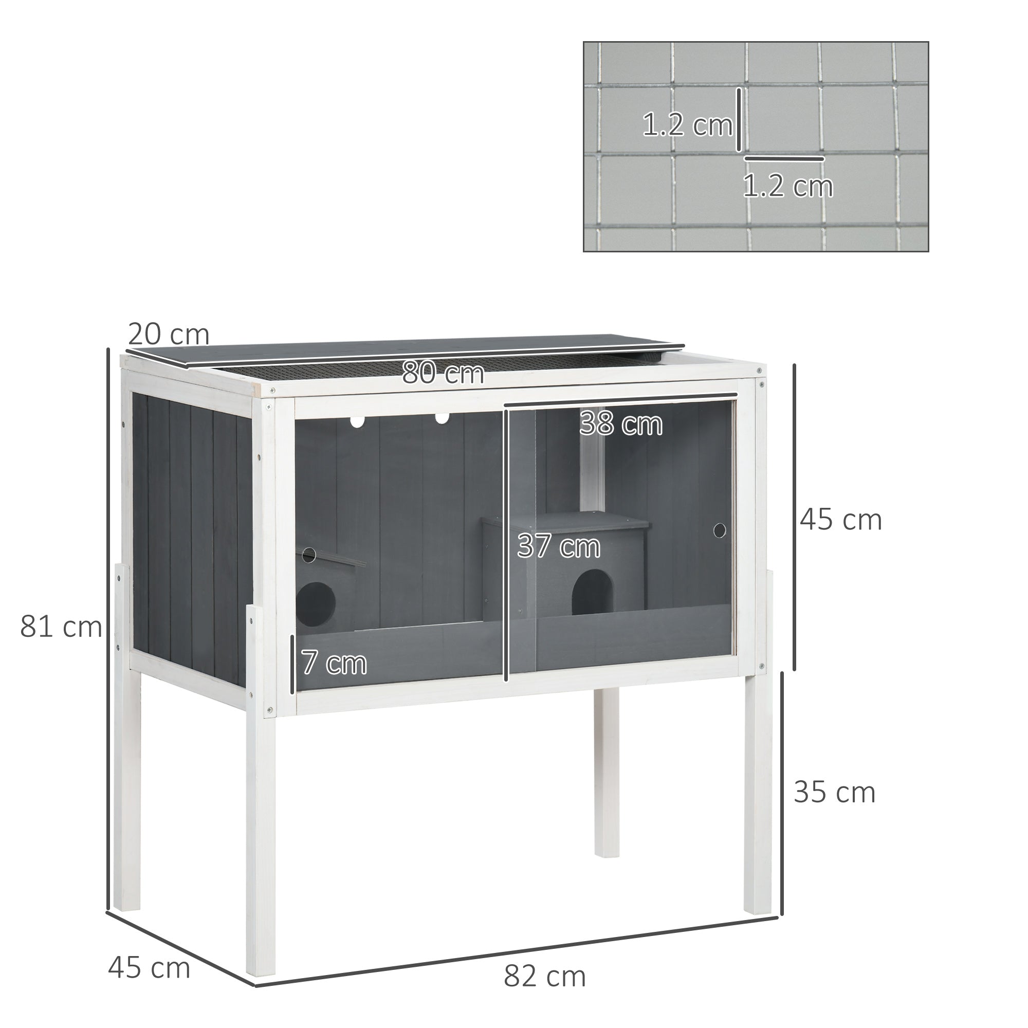 PawHut Wooden Hamster Cage for Dwarf Hamsters, Gerbils, Rutin Chicken, with Shelf, Two Huts - Grey - North Peak Garden Furniture
