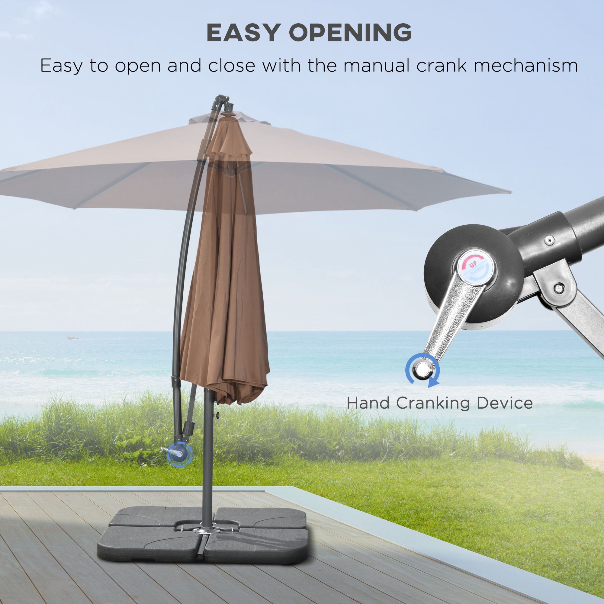 Outsunny 3(m) Garden Banana Parasol Cantilever Umbrella with Crank Handle, Cross Base, Weights and Cover for Outdoor, Hanging Sun Shade, Coffee - North Peak Garden Furniture