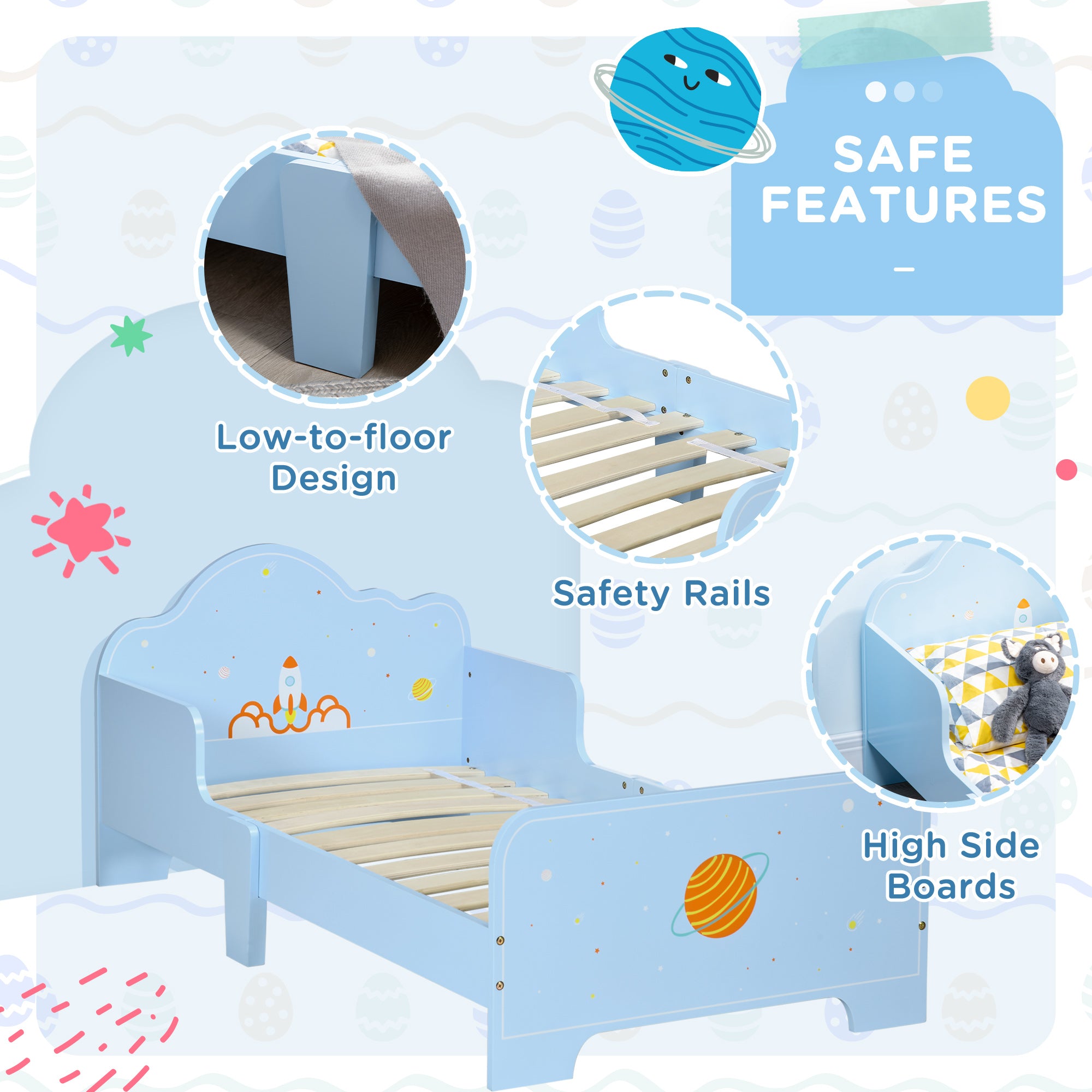 ZONEKIZ Space Themed Toddler Bed, Kids Bedroom Furniture, with Safety Rails - Blue - North Peak Garden Furniture