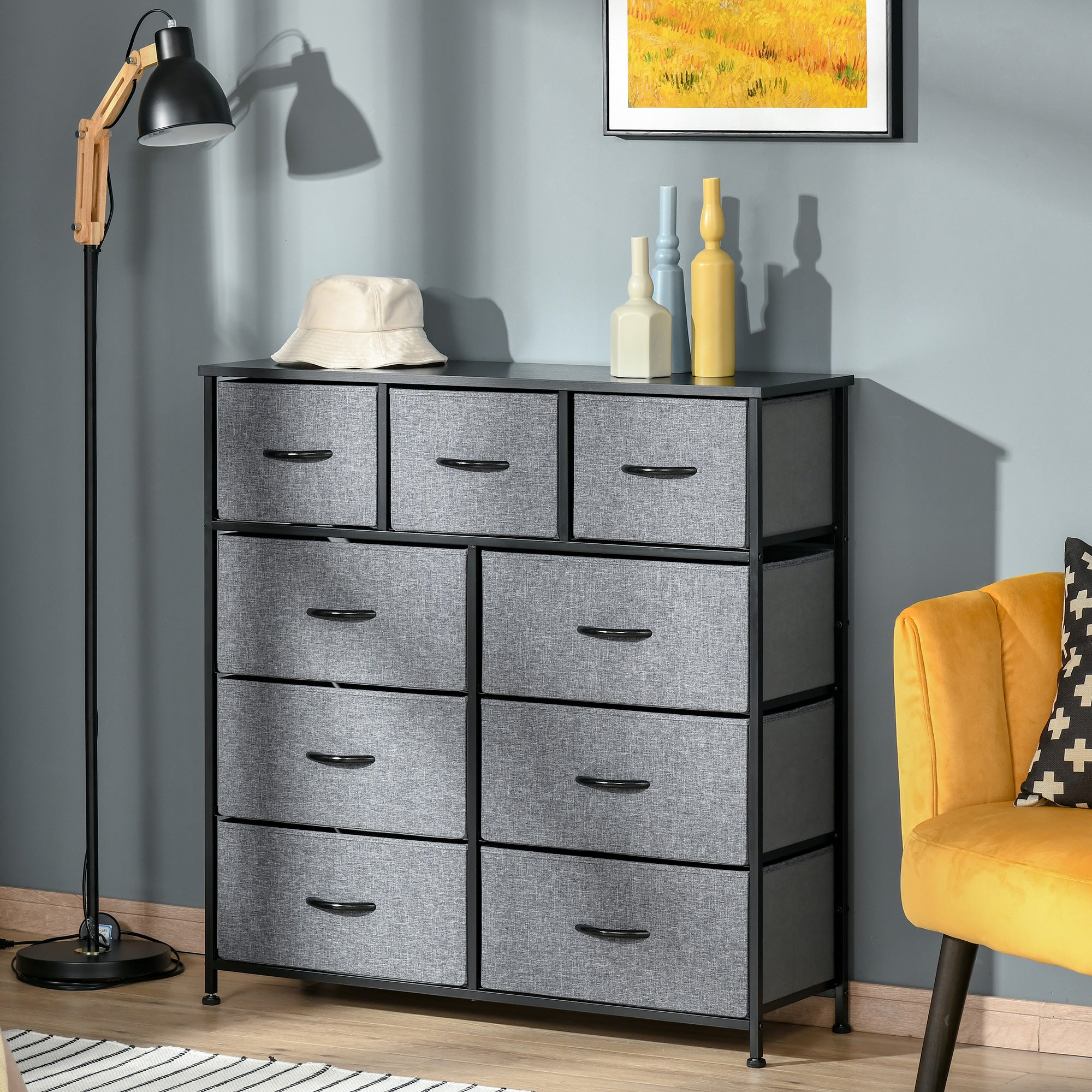 HOMCOM 9 Drawers Storage Chest Dresser Organizer Unit , Easy Pull Fabric Bins, for Bedroom, Hallway, Entryway, Black & Grey