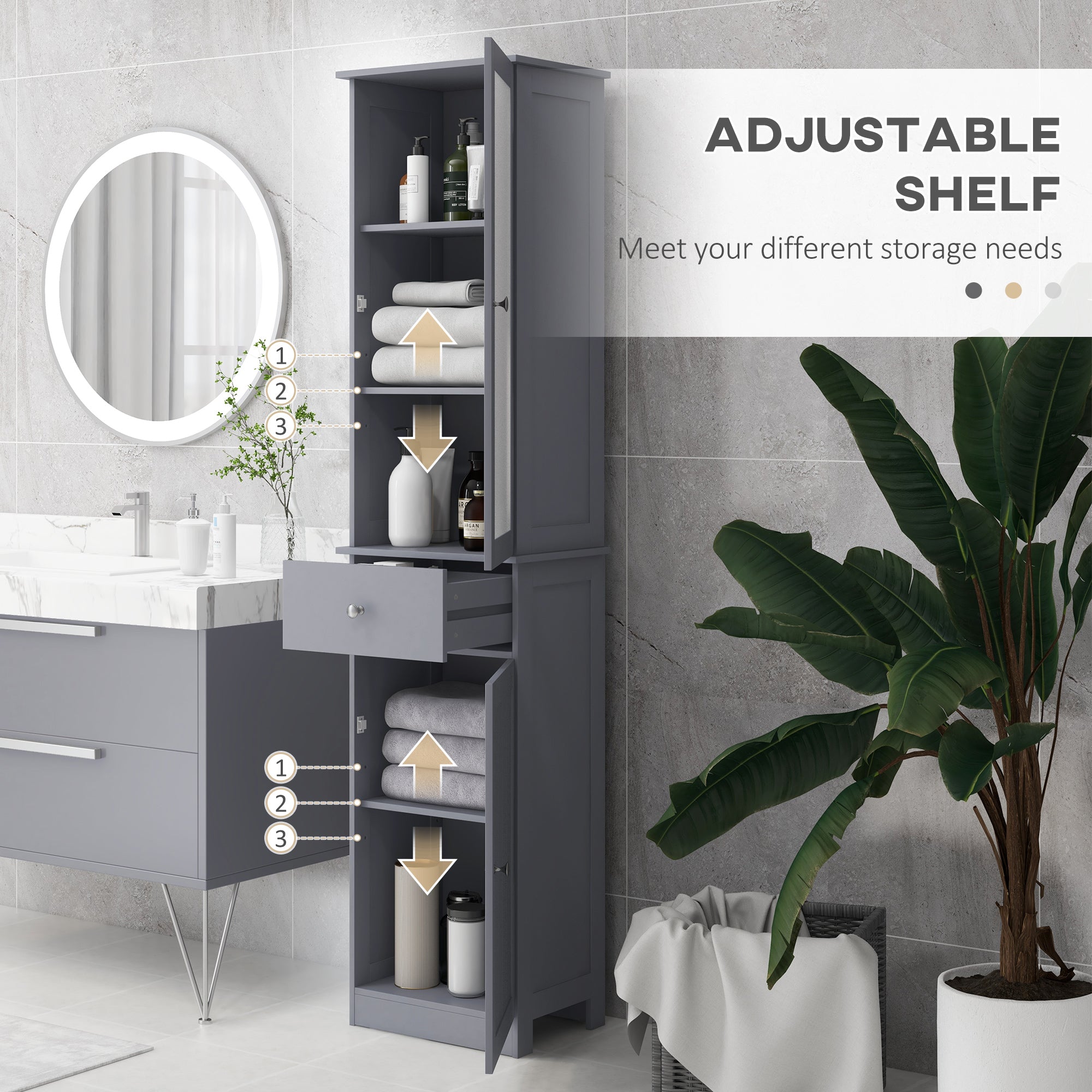 kleankin Bathroom Storage Cabinet with 3-tier Shelf Drawer Door, Floor Cabinet Free Standing Tall Slim Side Organizer Shelves, Grey - North Peak Garden Furniture