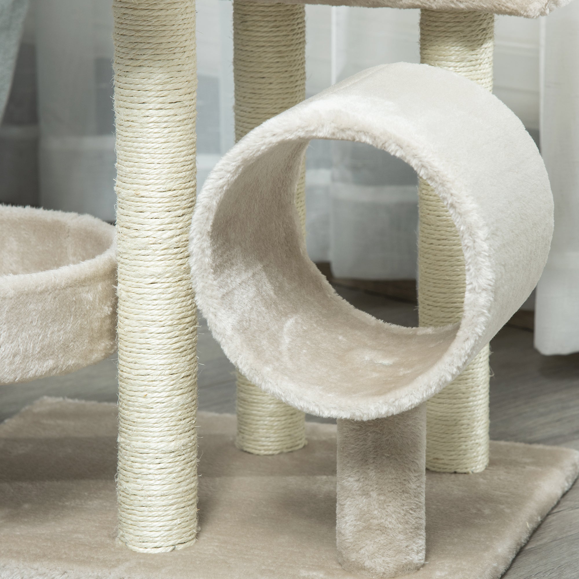 PawHut Cat Tree for Indoor Cats Kitten Pet Scratching Post Perch Activity Center Scratcher Climb Post Play House Arch with Tunnel 105cm Tall Beige - North Peak Garden Furniture
