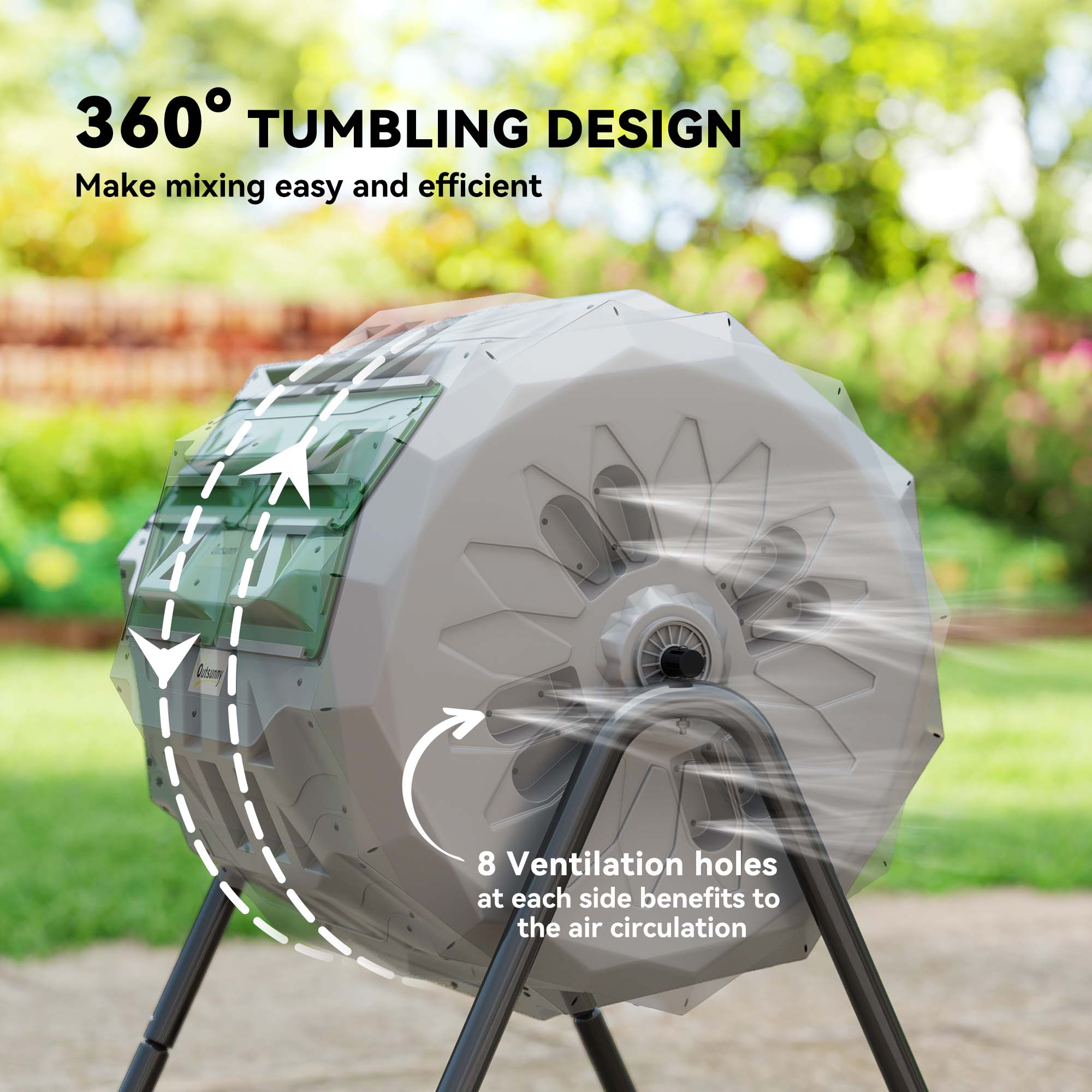 Outsunny 160L Tumbling Compost Bin Outdoor Dual Chamber 360° Rotating Composter, Garden Compost Bin w/ Sliding Doors & Solid Steel Frame, Grey