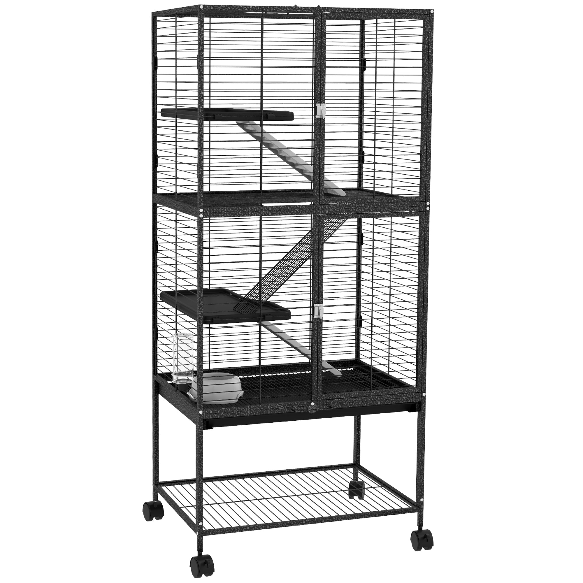 PawHut Rolling Chinchilla Cage, Small Animal Cage for Ferrets w/ Three Doors, Storage, Shelf, Tray Tray, Bowl, Water Bottle - North Peak Garden Furniture