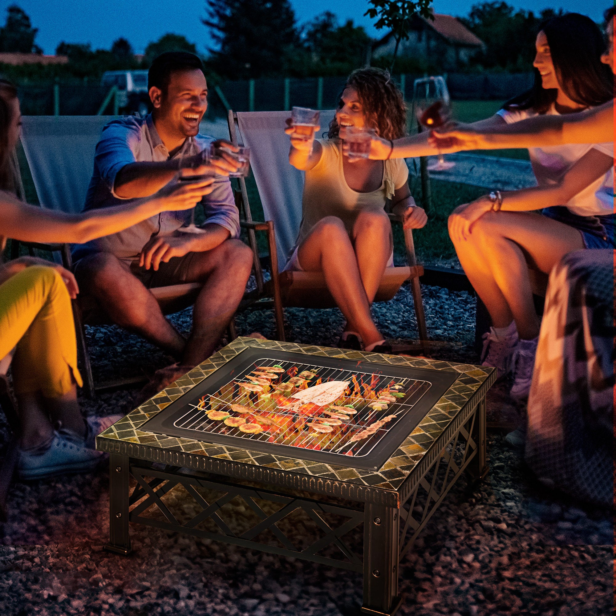 Outsunny Large Outdoor Fire Pit Table, 3 in 1 Square Wood Burning Firepit Metal Brazier, BBQ Grill, Ice Bucket w/ Grill Grate, Log Grate, Lid, Poker for Garden, Camping, Bonfire, 76 x 76 x 47cm, Black - North Peak Garden Furniture