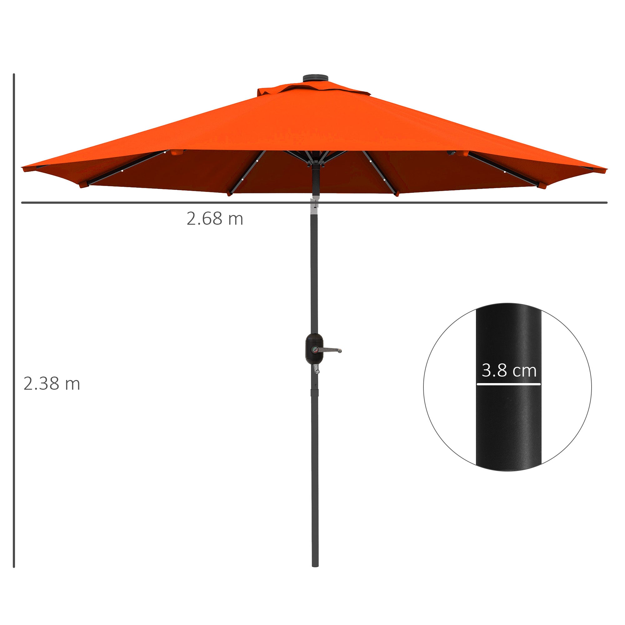 Outsunny 2.7m Outdoor Patio Garden Umbrella Parasol with Tilt Crank and 24 LEDs Lights, Orange - North Peak Garden Furniture