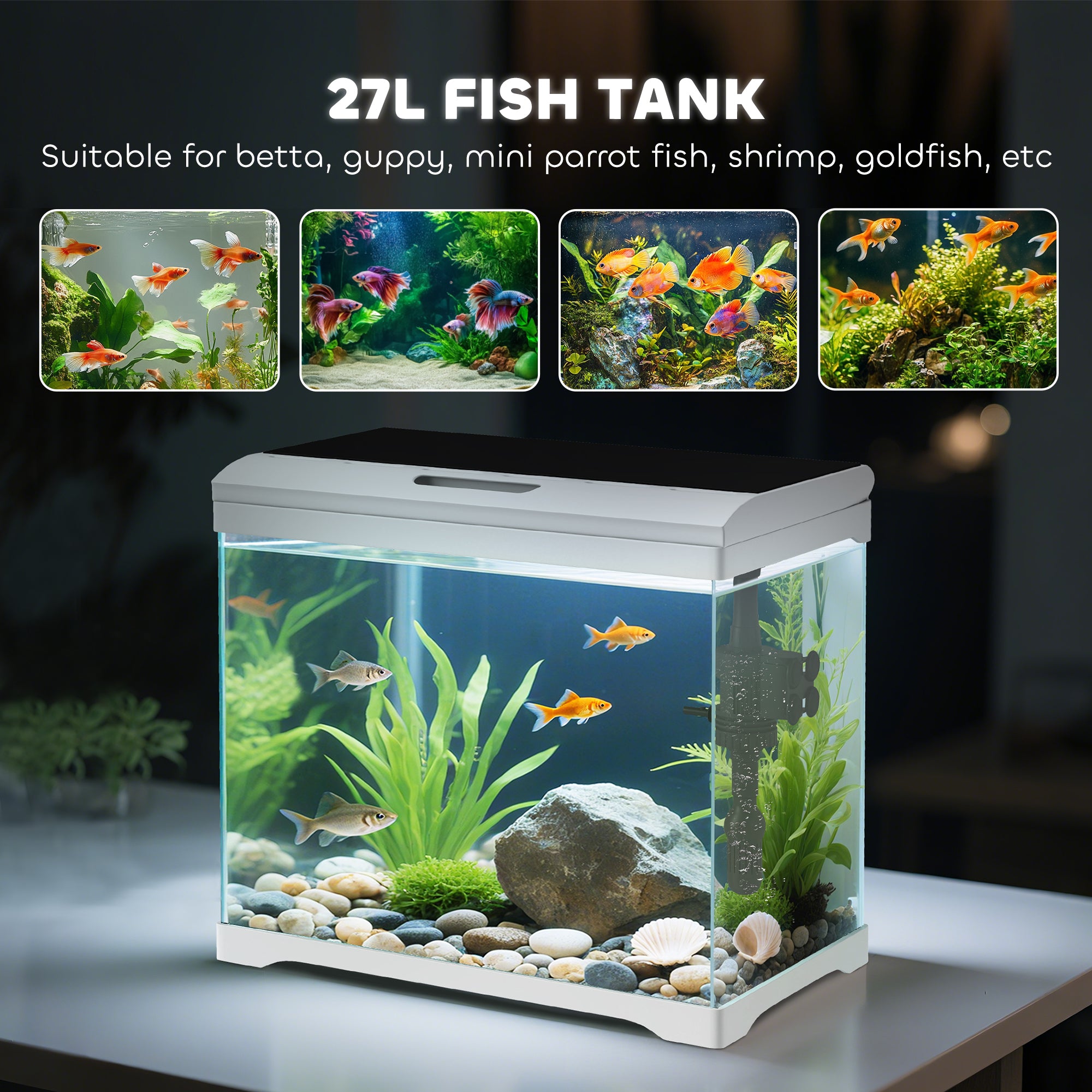 PawHut 27L Glass Fish Tank with Filter System, LED Light, Water Pump, for Betta, Goldfish, Shrimps, White - North Peak Garden Furniture