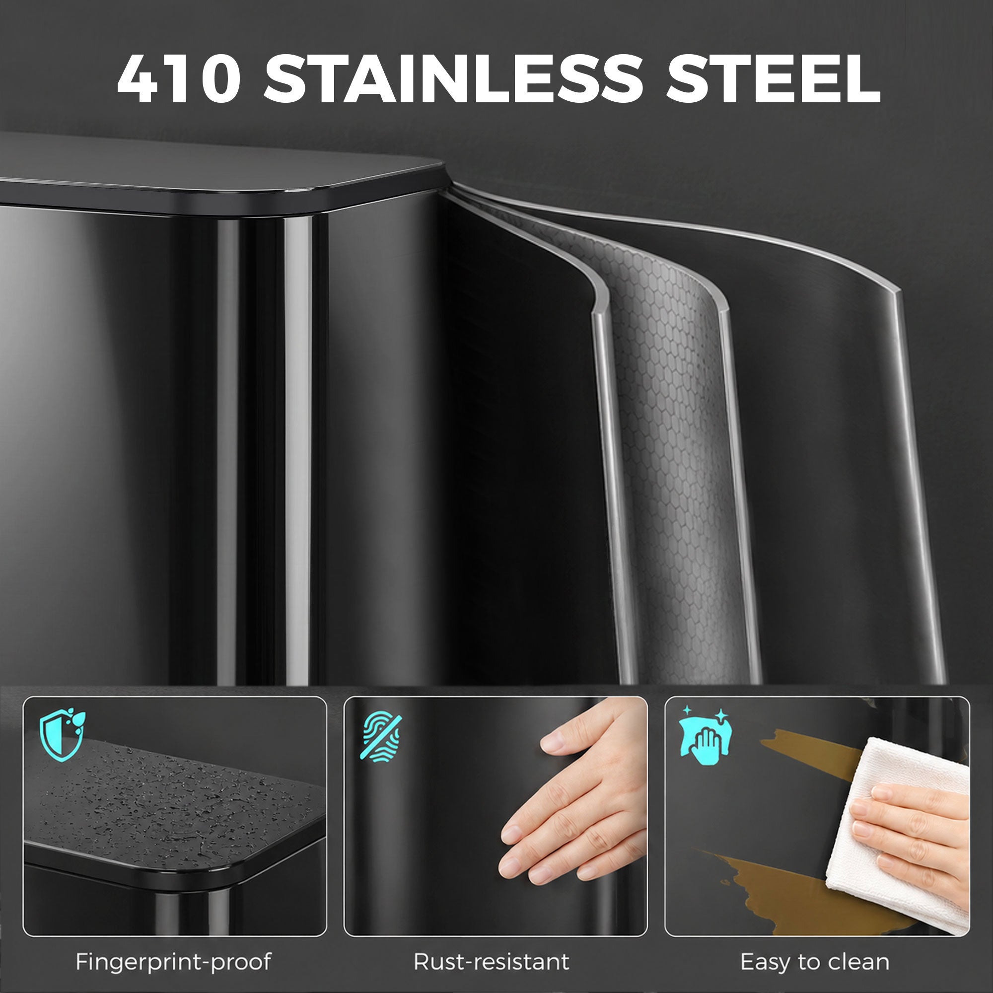 HOMCOM 50L Kitchen Bin, Metal Pedal Rubbish Bin with Soft Close and Stay-Open Lid, Removable Inner Bucket, High Gloss Black
