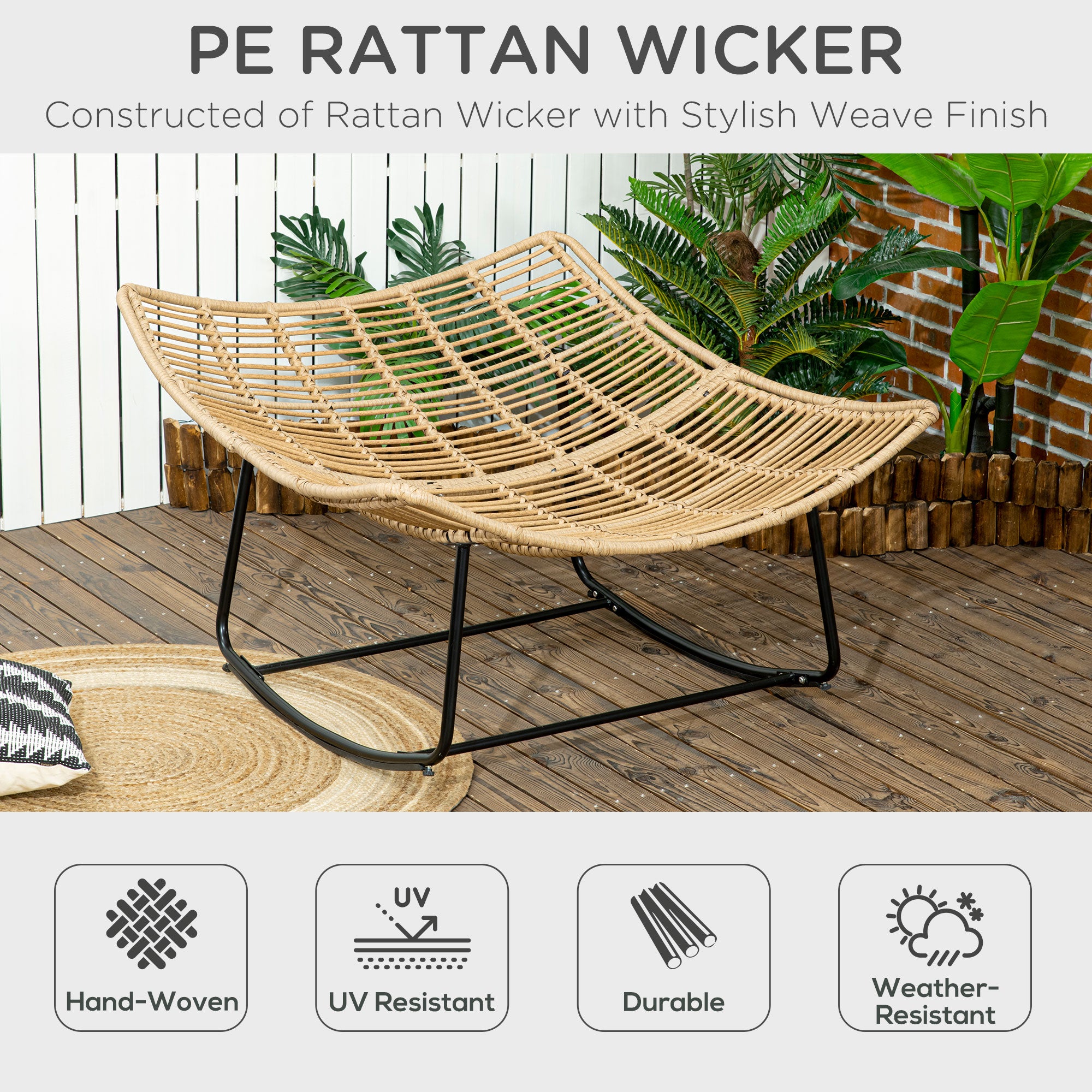 Outsunny Outdoor PE Rattan Rocking Chair, Patio Luxury Round Wicker Garden Porch Furniture w/ Thick Cushion, Natural Wood Finish