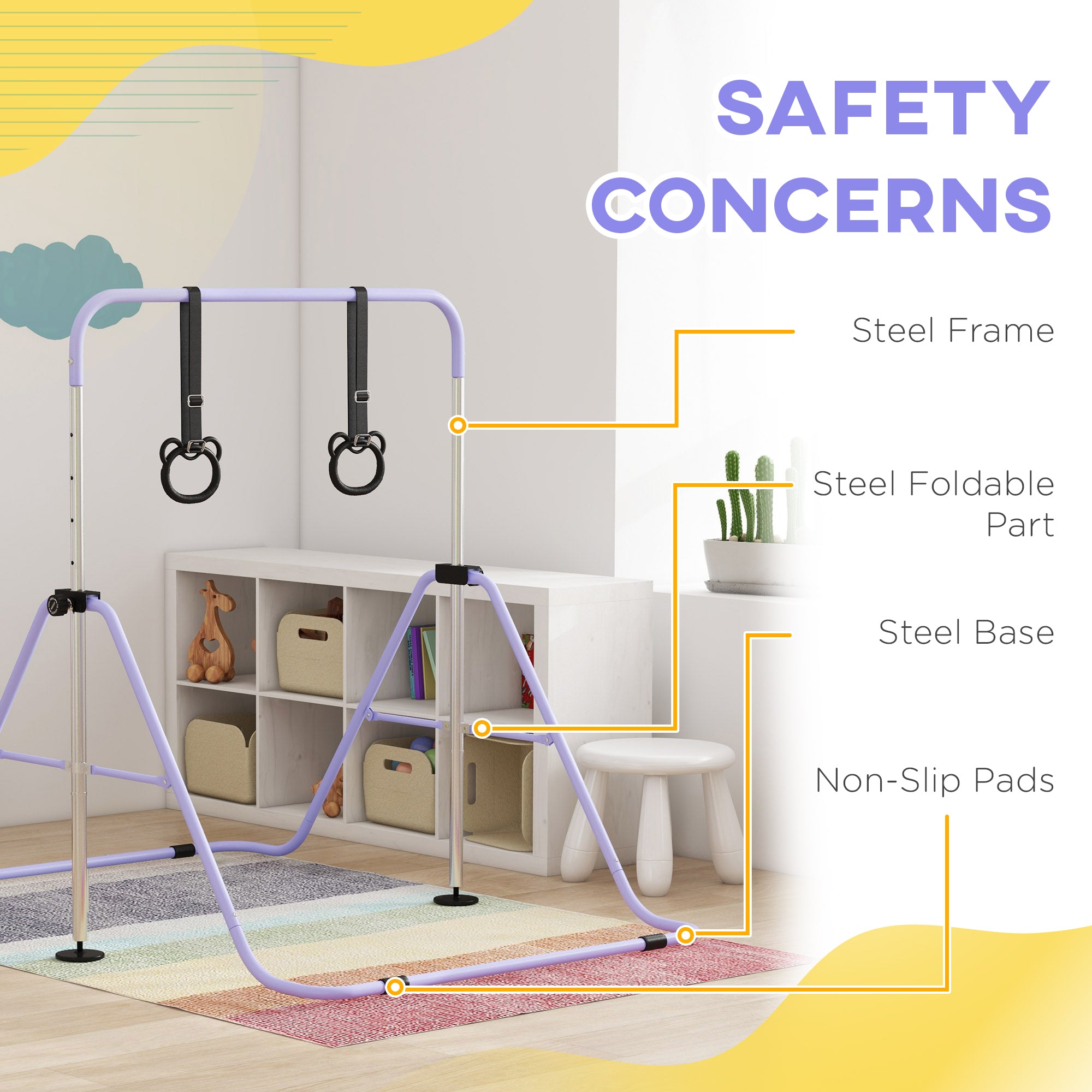 HOMCOM Adjustable Height, Foldable Kids Gymnastics Bar w/ Non-Slip Mats, for 3+ Years, Purple