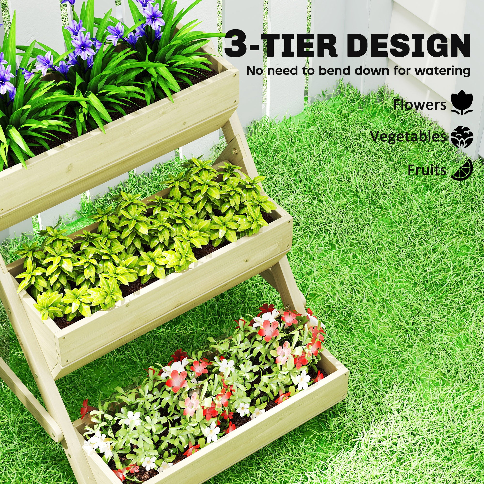 Outsunny 3 Tier Raised Garden Bed Wooden Elevated Planter Box Kit, 66L for Flower, Vegetable, Herb, 65x75x78cm, Green