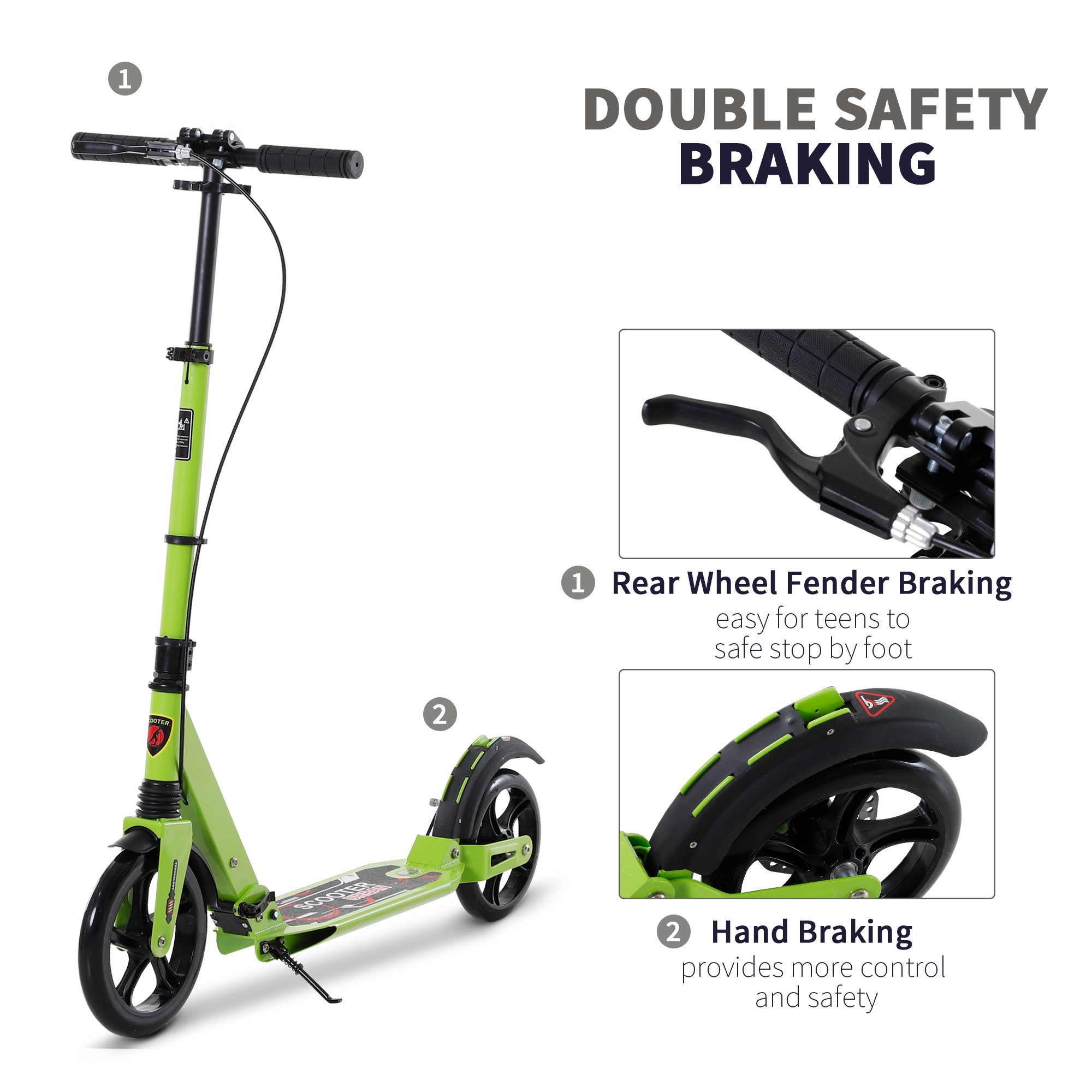 HOMCOM Kick Scooter, Folding 2 Wheel Scooter for 14+ Teens Adults, with Dual Brake System, Dual Suspension, 230mm Big Wheels, 3 Adjustable Handlebar, up to 100KG, Green - North Peak Garden Furniture