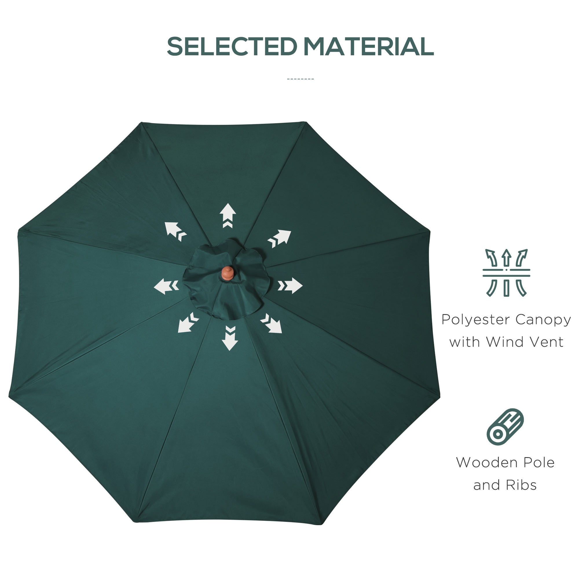 Outsunny 3(m) Wooden Patio Umbrella, Pulley Operated Garden Parasol with Rope Pulley Mechanism and 8 Ribs, Dark Green - North Peak Garden Furniture