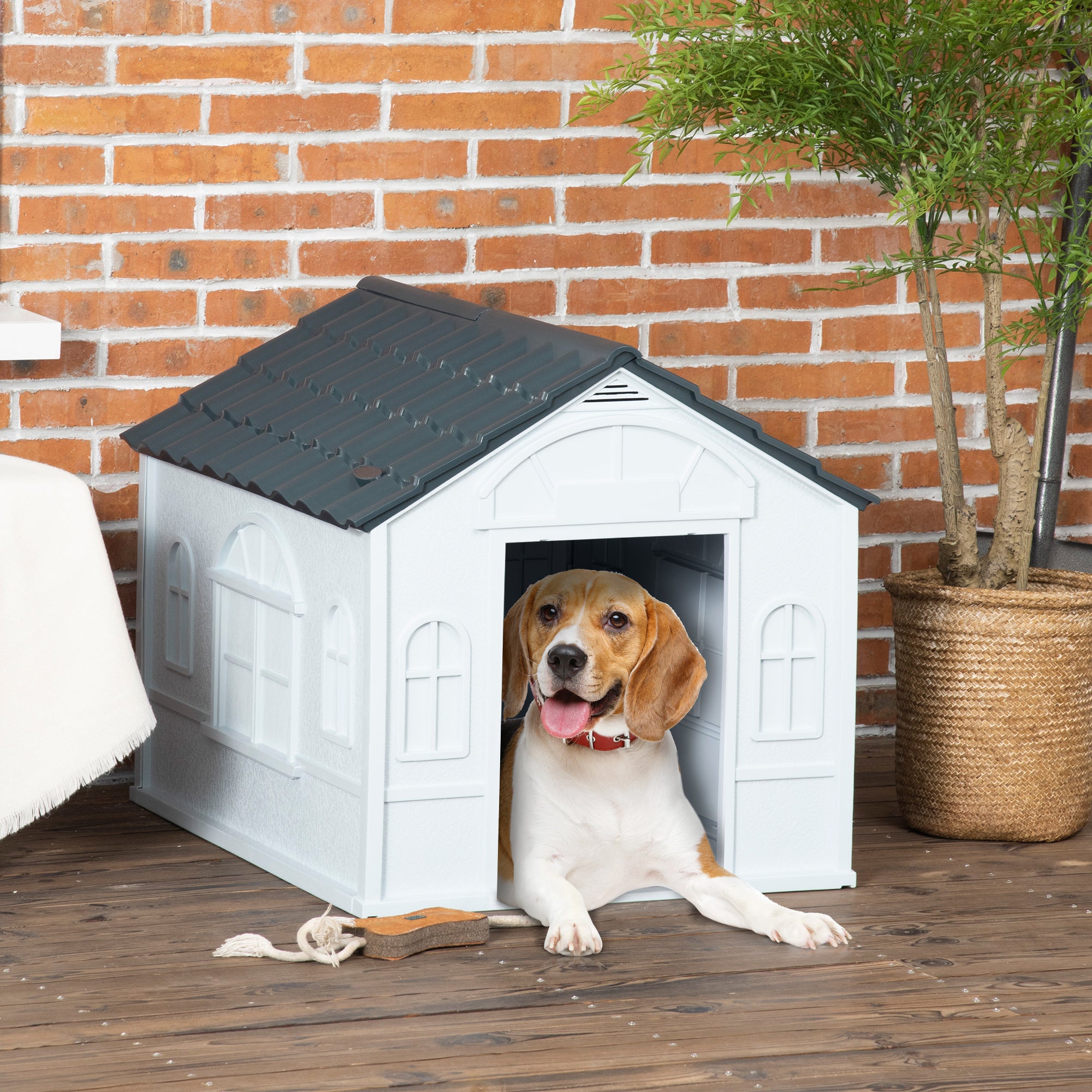 PawHut Plastic Weather-Resistant Dog House, for Indoors and Outdoors, Medium Dogs - Grey - North Peak Garden Furniture