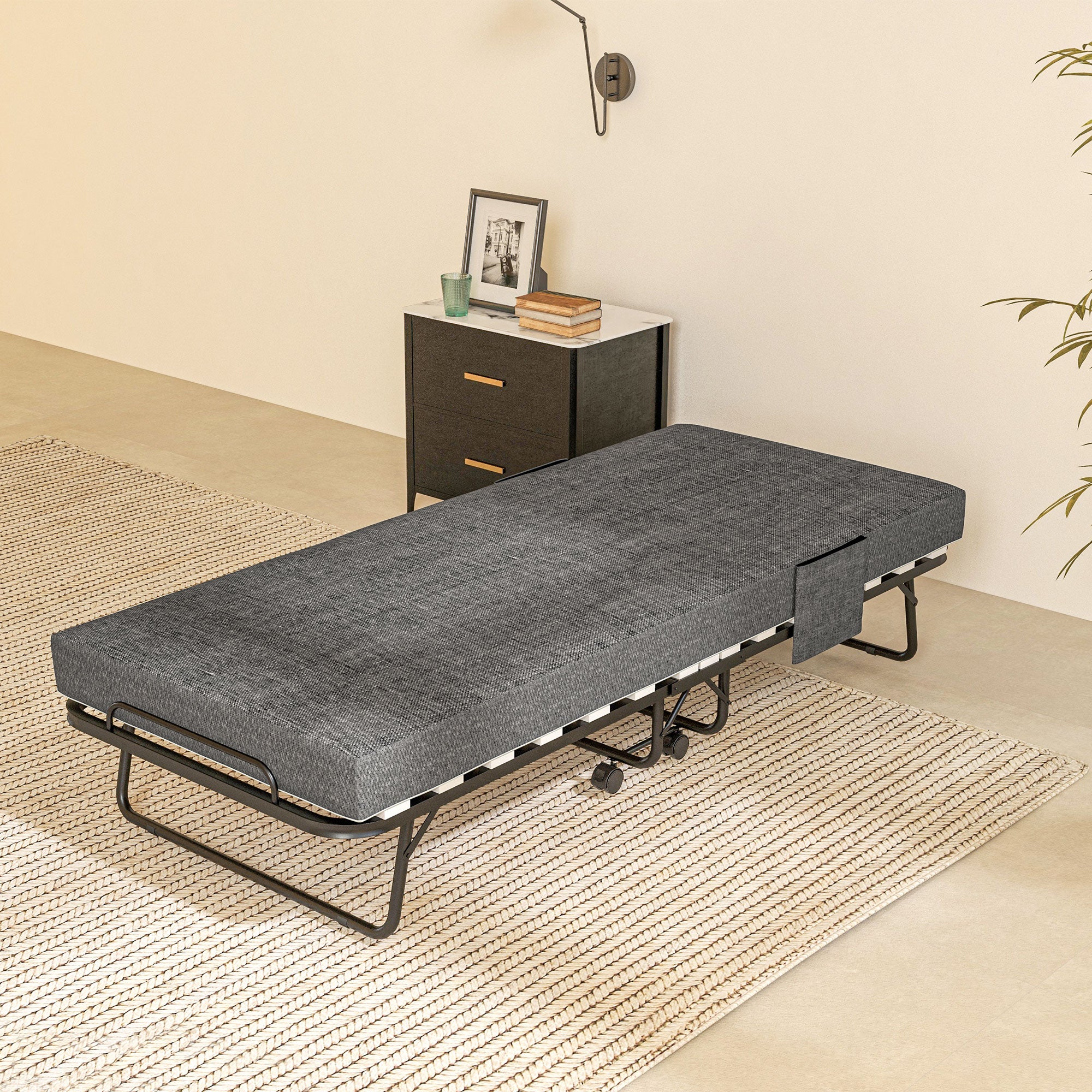 HOMCOM Single Steel Frame Folding Bed, with Wheels - Black/Grey - North Peak Garden Furniture