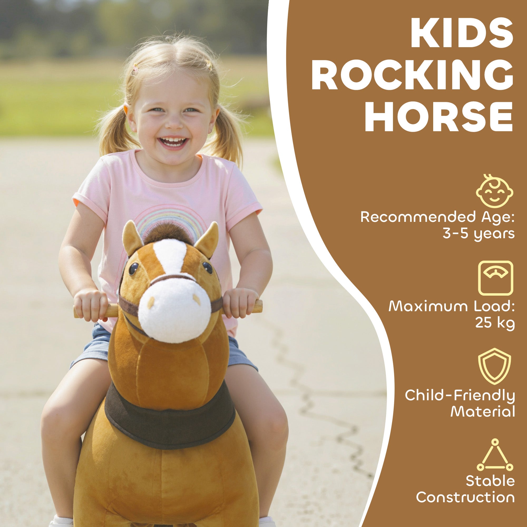 AIYAPLAY Ride On Horse, Plush Walking Horse Toy with Wheels and Saddle for Ages 3-5 Years Old, Dark Brown