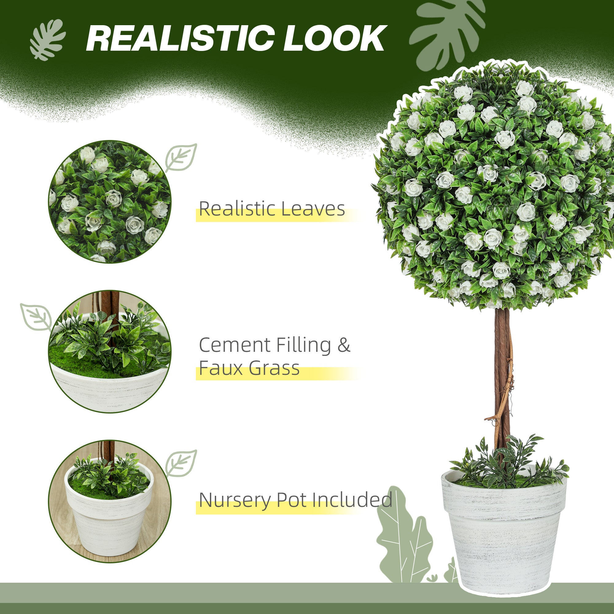 HOMCOM Set of 2 Decorative Artificial Plants, Ball Topiary Tree with Rose Flower in Pot, Fake Plants for Home Indoor Outdoor Decor, 60cm, White - North Peak Garden Furniture
