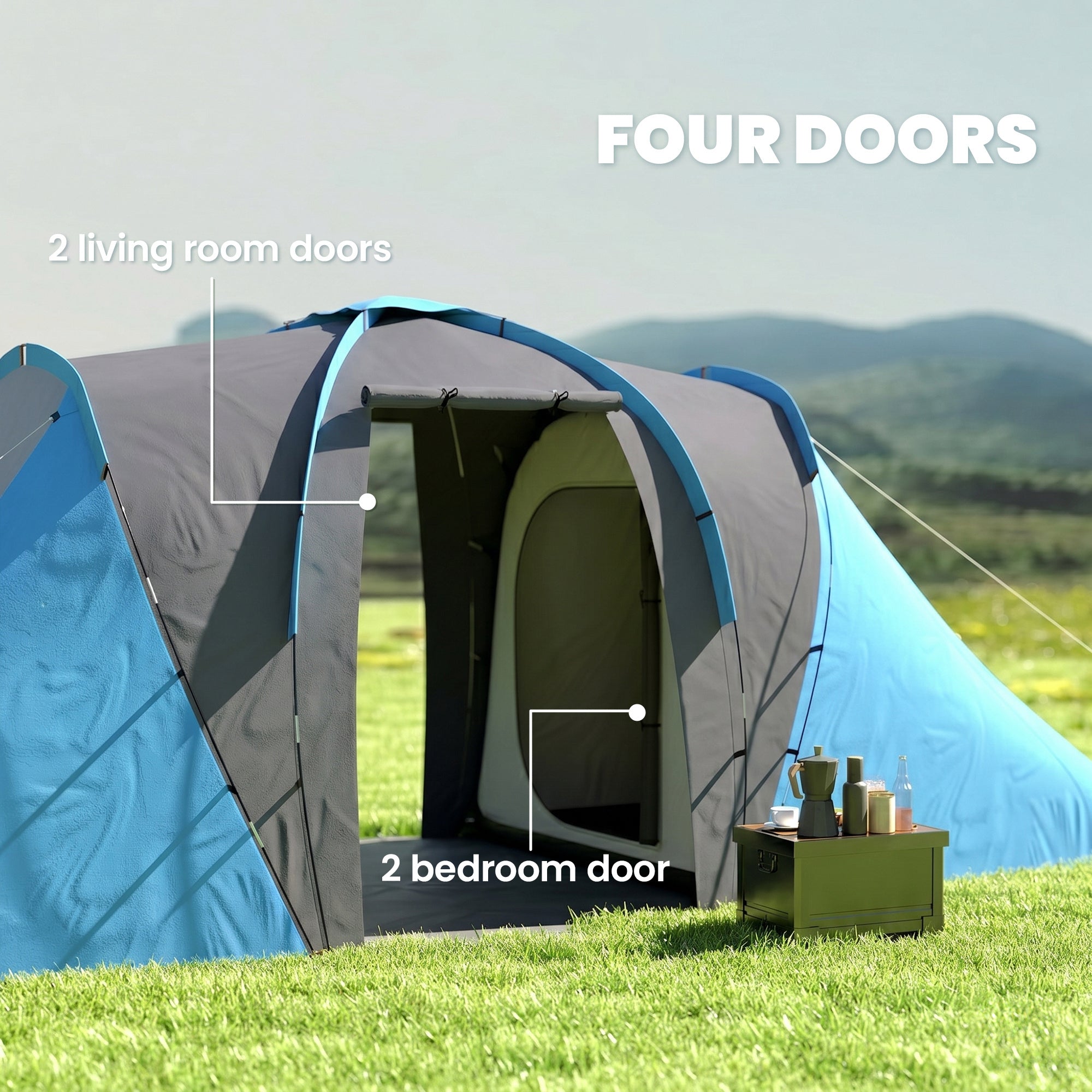 Outsunny Large Camping Tent Tunnel Tent with 2 Bedroom and Living Area, 2000mm Waterproof, Portable with Bag for 4-6 Man, Blue