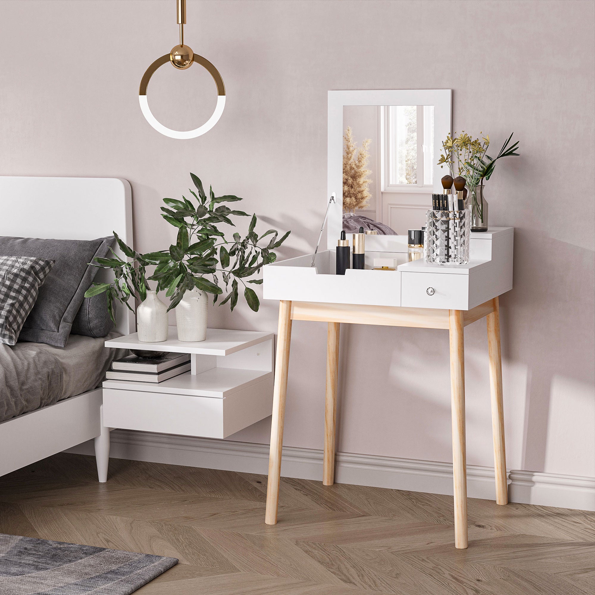 HOMCOM MDF,Pine Dressing Table Desk Flip-up Mirror Multi-purpose 2 Drawers Modern - White - North Peak Garden Furniture