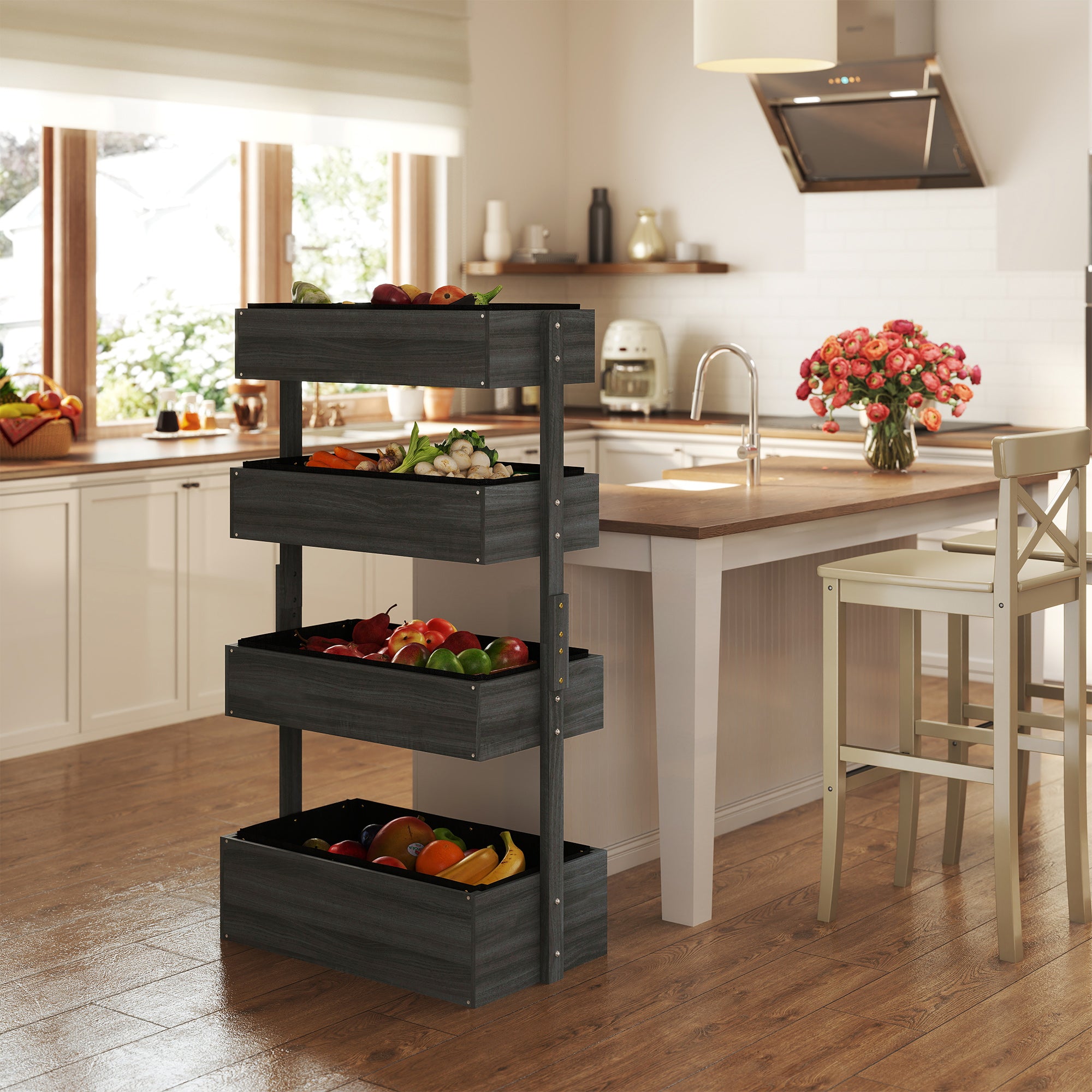 Outsunny Four-Tier Basket Wooden Plant Stand - Grey - North Peak Garden Furniture