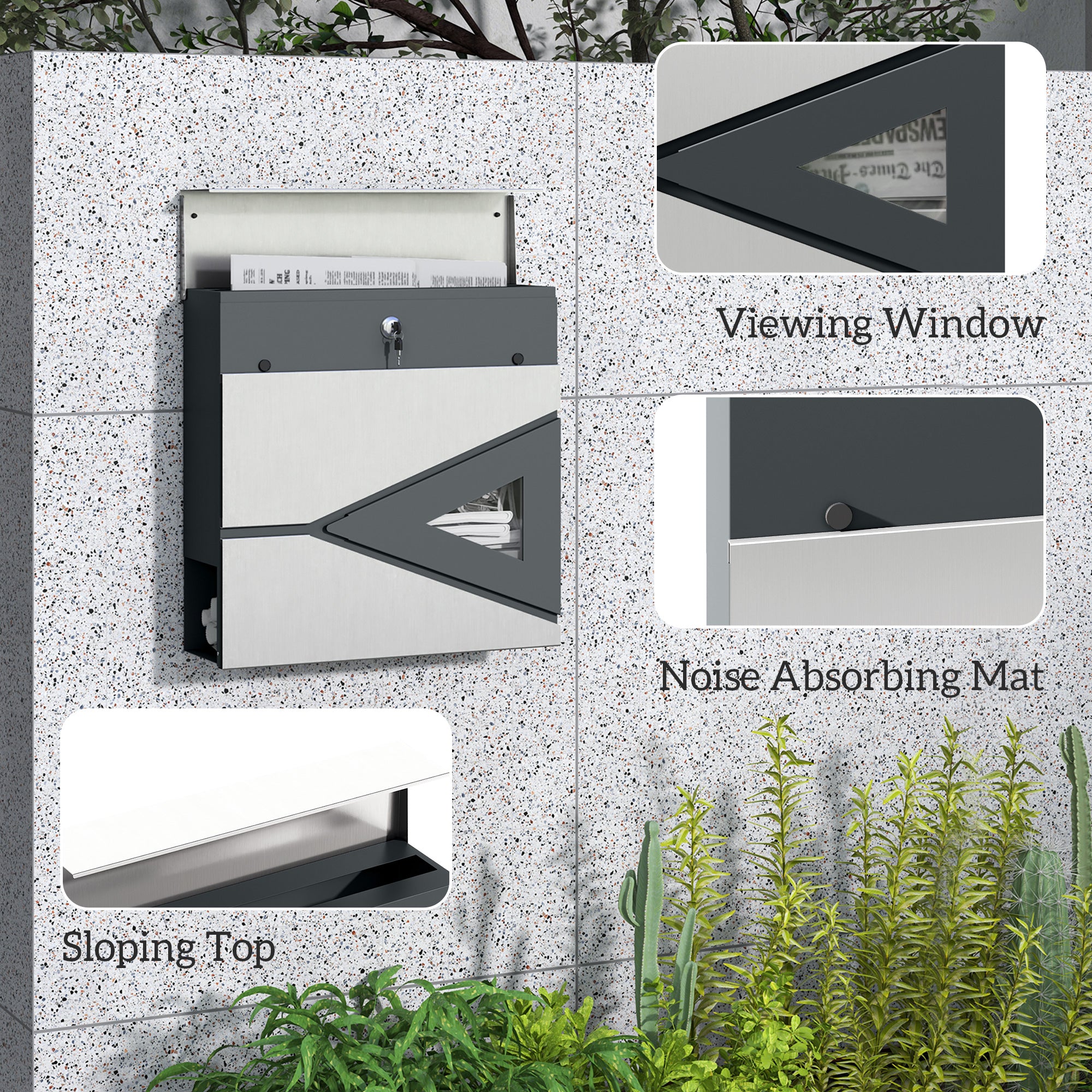 HOMCOM Wall Mounted Post Box with Viewing Window, 2 Lock, Modern Galvanised Steel Mailbox with Copper Core, Weatherproof Letterbox for Outdoor Use, Easy to Install, Silver - North Peak Garden Furniture