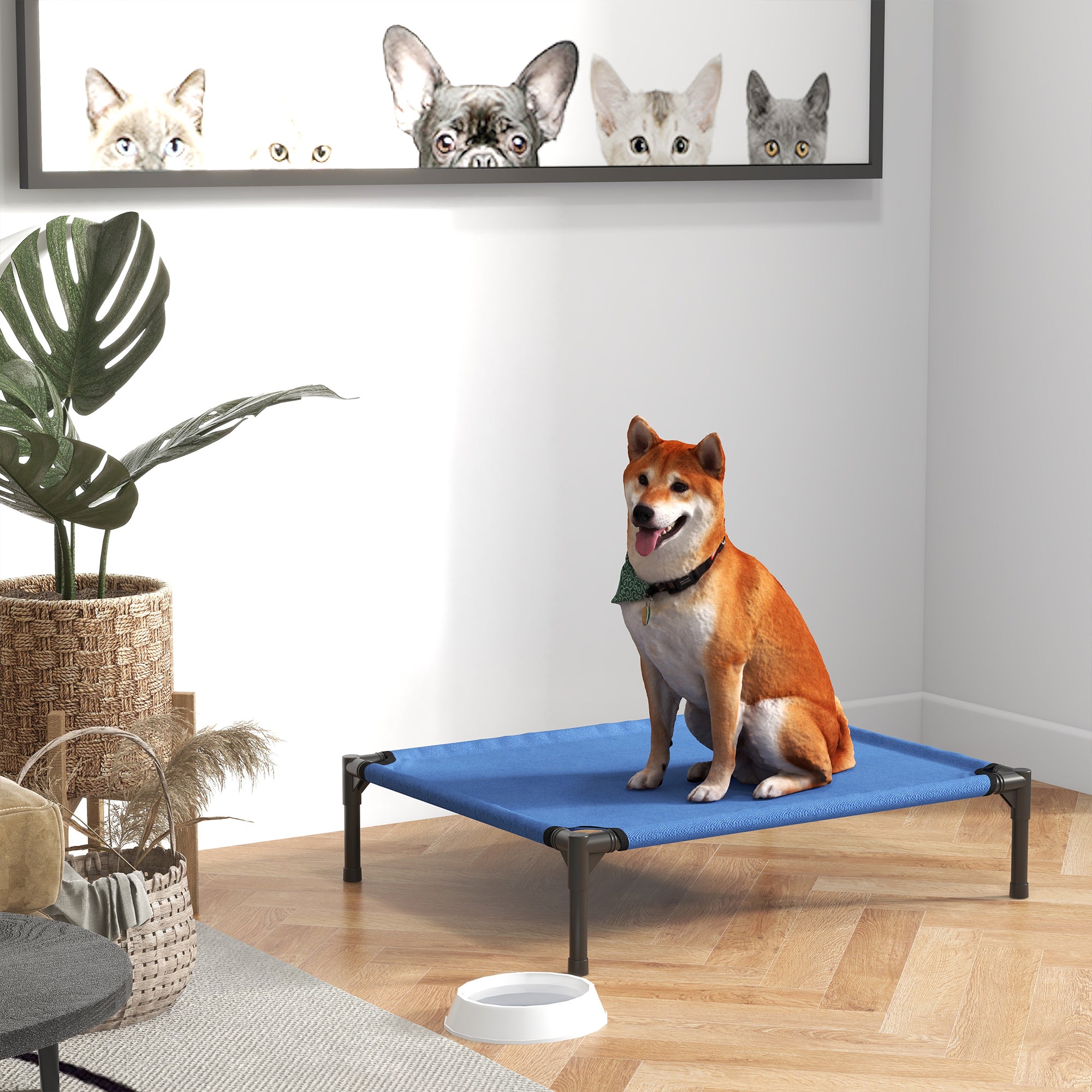 PawHut Medium Elevated Dog Bed, Portable with Metal Frame, Comfortable Raised Pet Bed, Blue, Perfect for Outdoor Use