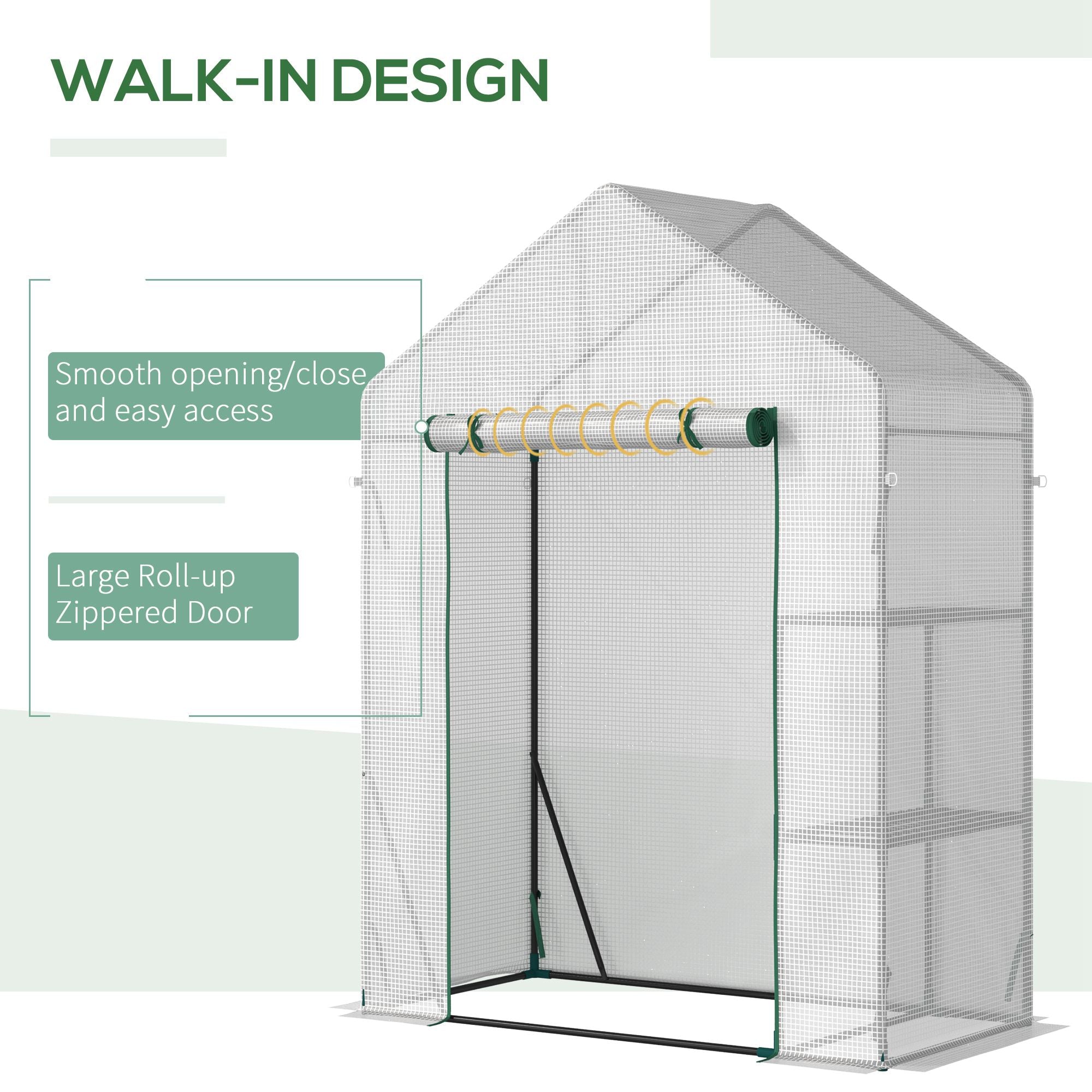 Outsunny Greenhouse for Outdoor, Portable Gardening Plant Grow House with 2 Tier Shelf, Roll-Up Zippered Door, PE Cover, 143 x 73 x 195cm, Green - North Peak Garden Furniture