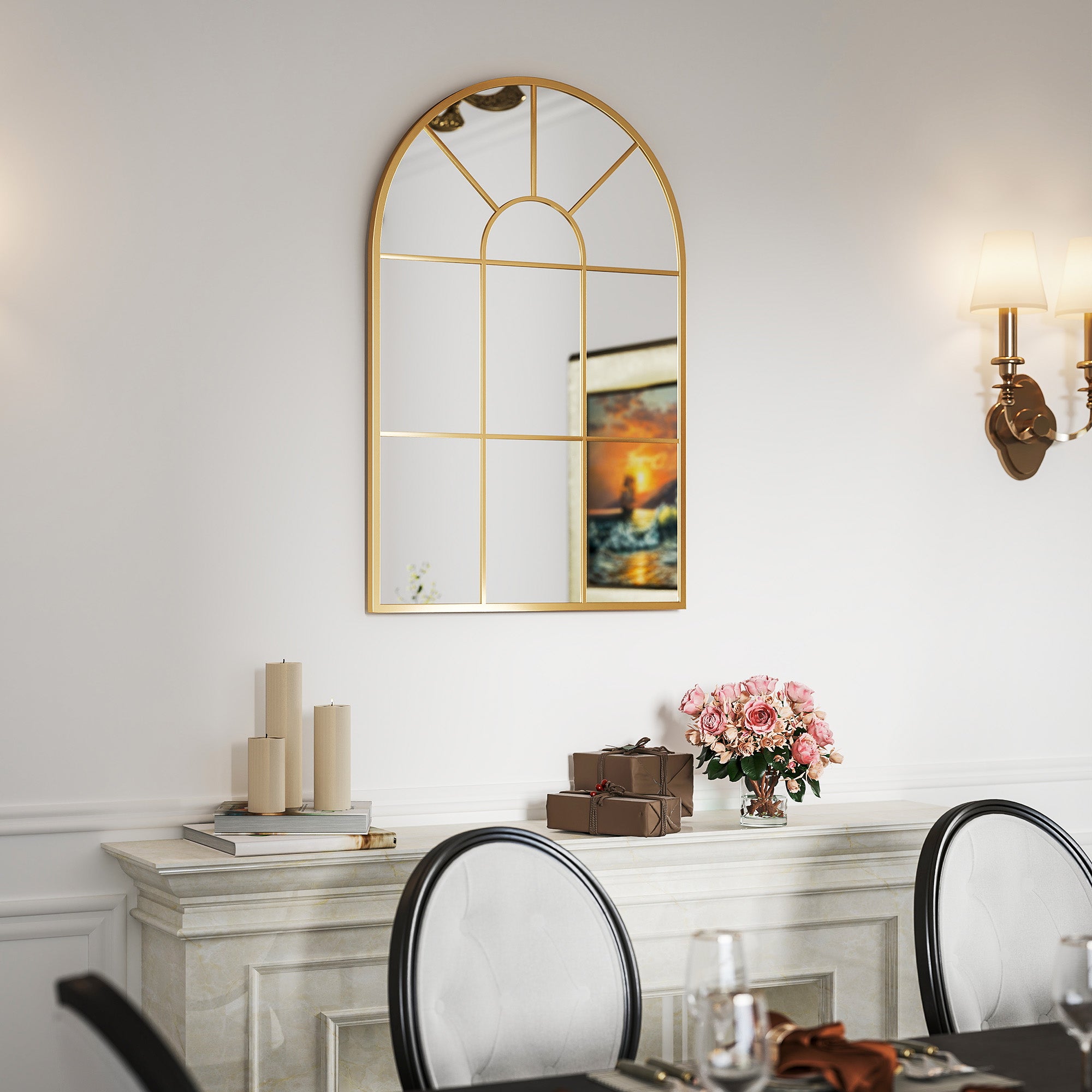 HOMCOM Modern Arched Wall Mirror, 91 x 60 cm Window Mirrors for Living Room, Bedroom, Gold Tone - North Peak Garden Furniture