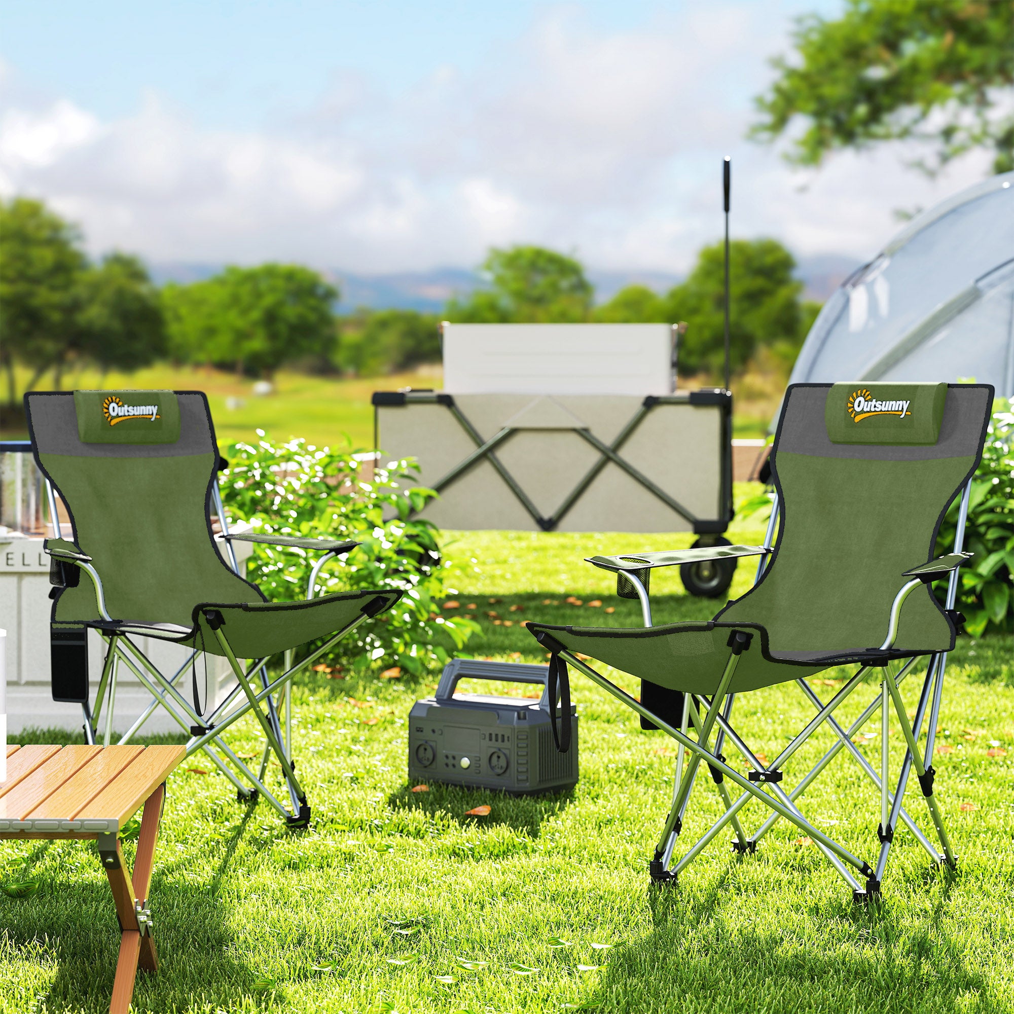 Outsunny Set of 2 Reclining Folding Camping Chair w/ Detachable Footrest, Storage Bag, Cup Holder & Headrest, Lightweight Portable Camp Chair for Beach, Picnic, Olive Green and Grey - North Peak Garden Furniture