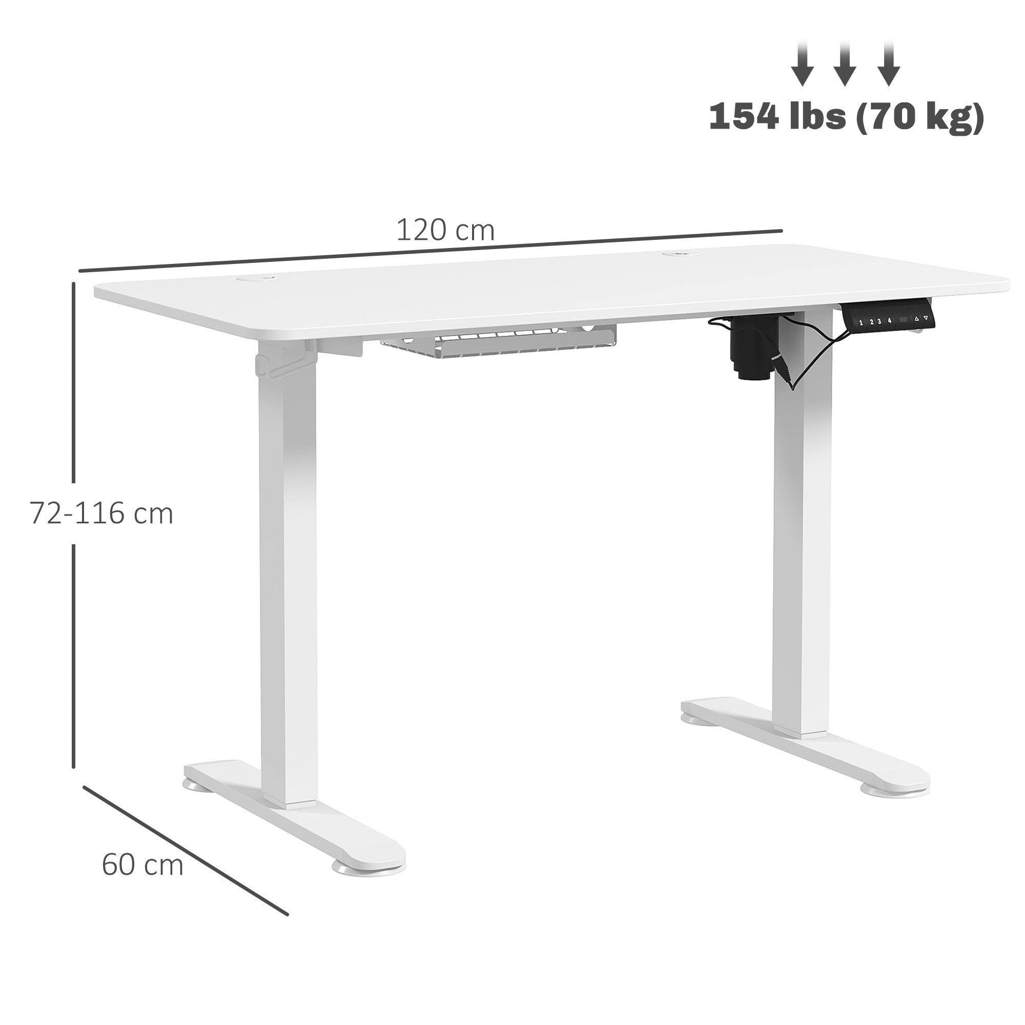 Vinsetto 72-116cm Adjustable Electric Standing Desk, 120 x 60cm Tabletop - White - North Peak Garden Furniture