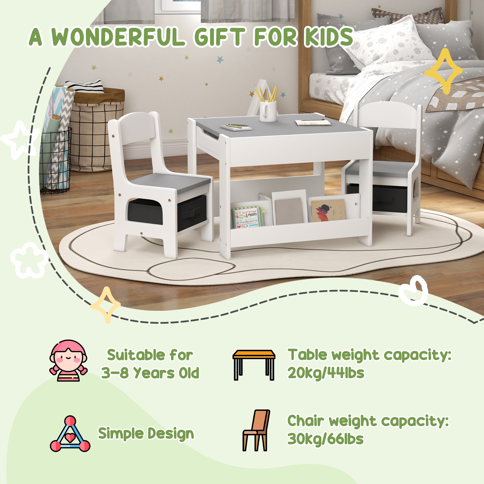 HOMCOM Three-Piece Kids Table and Chair Set with Blackboard, Storage, Bookshelves - Grey - North Peak Garden Furniture