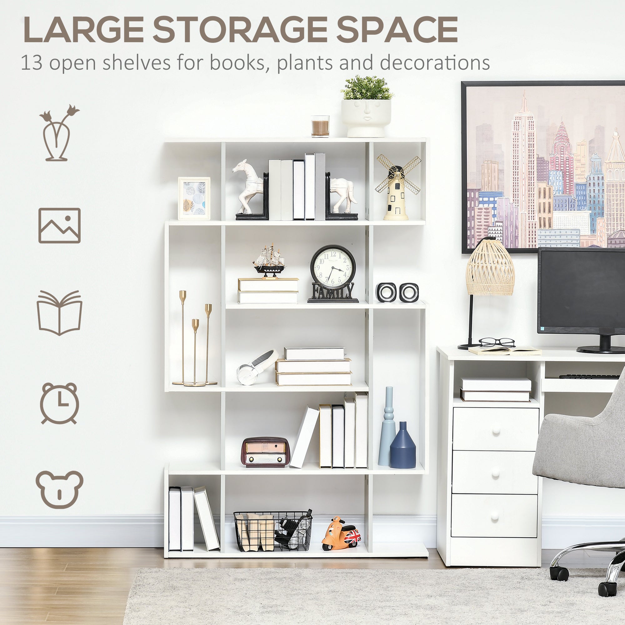 HOMCOM 5-Tier Bookshelf, Modern Bookcase with 13 Open Shelves, Freestanding Decorative Storage Shelving for Home Office and Study, White - North Peak Garden Furniture