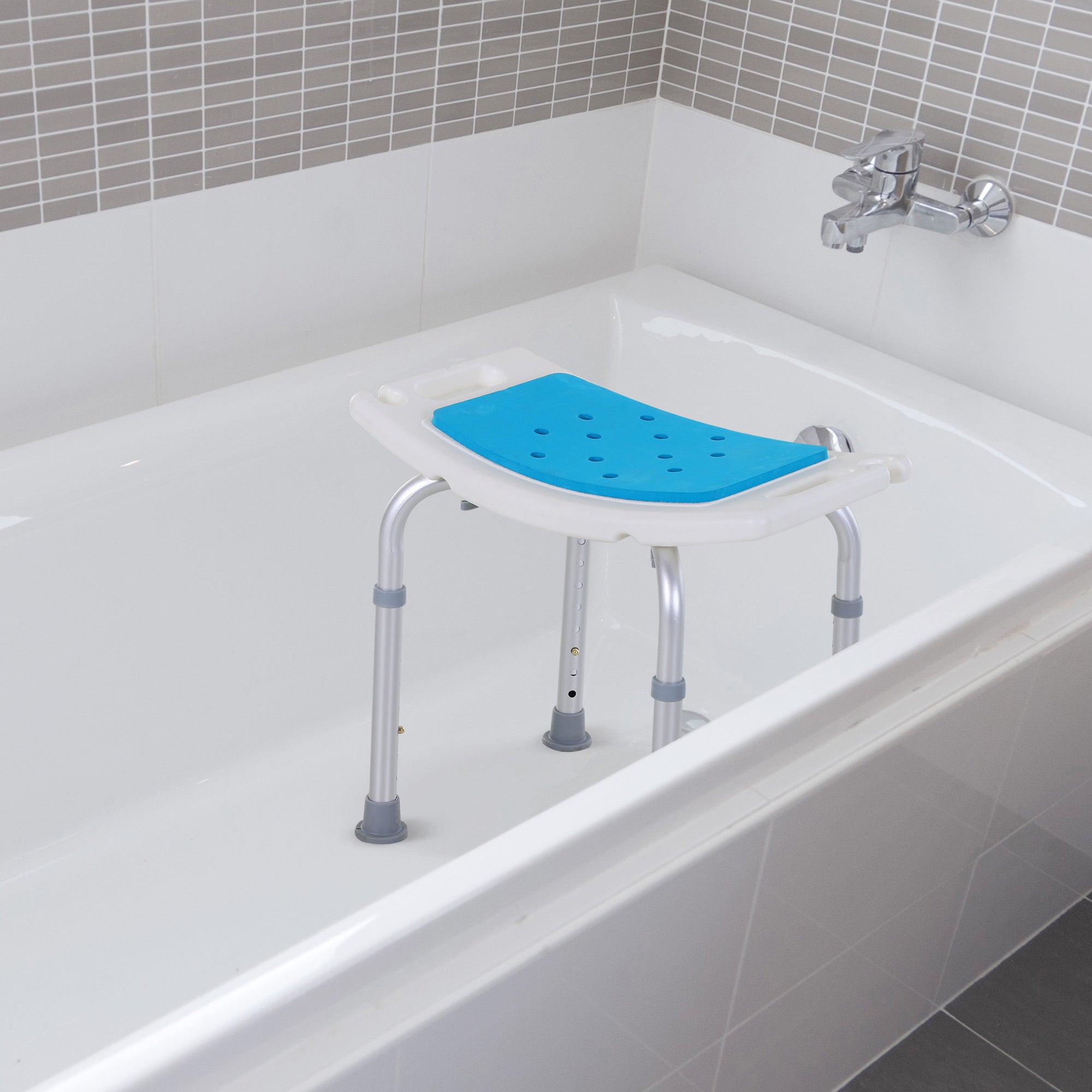 HOMCOM 6-Level Height Adjustable Aluminium Bath Room Stool Chair Shower Non-Slip Design w/ Padded Seat Drainage Holes Foot Pad, Blue - North Peak Garden Furniture