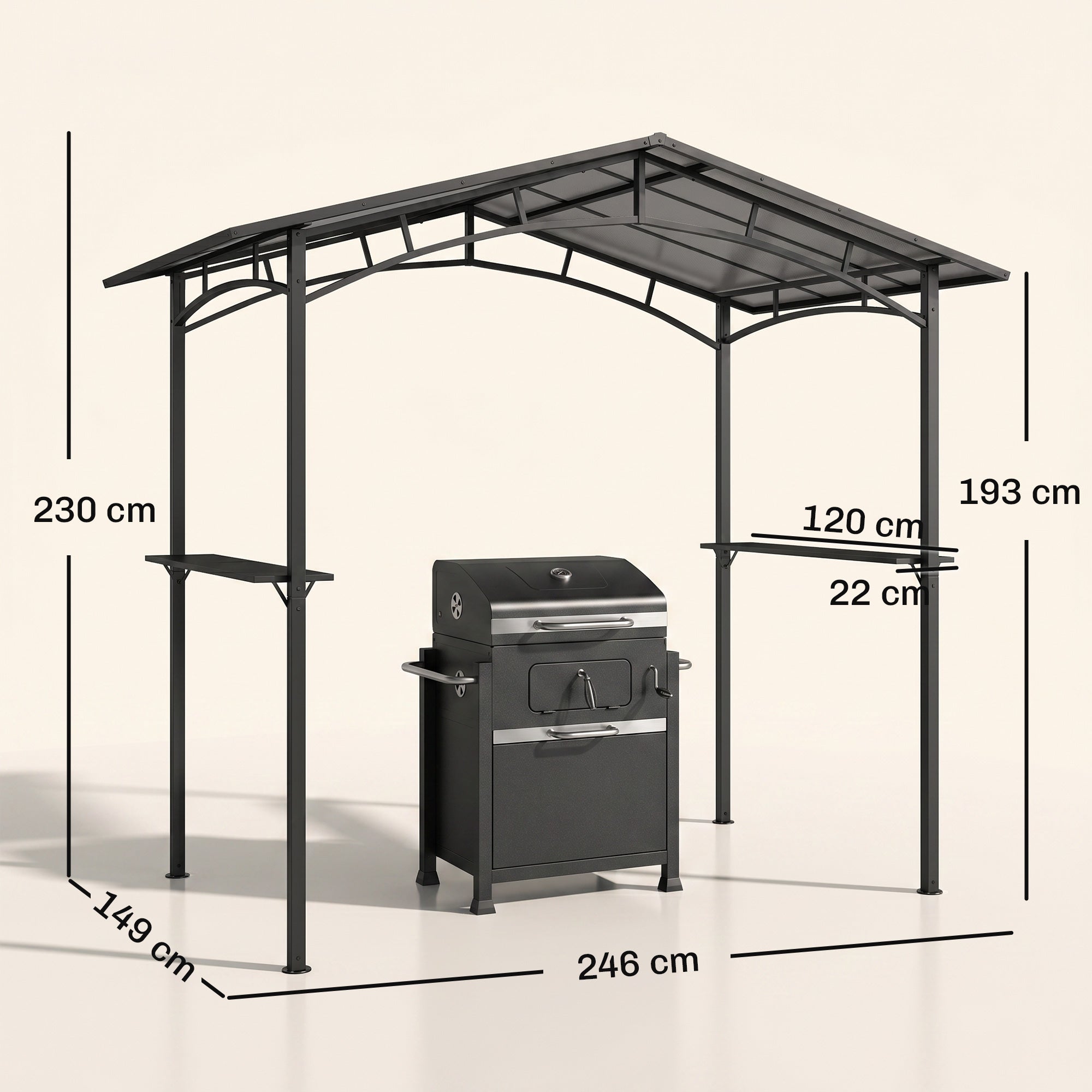 Outsunny 8ft x 5ft Outdoor BBQ Protective Gazebo Tent Aluminium Steel Frame w/ 2 Shelves Hardtop Roof Canopy Ground Stakes Safe Cooking