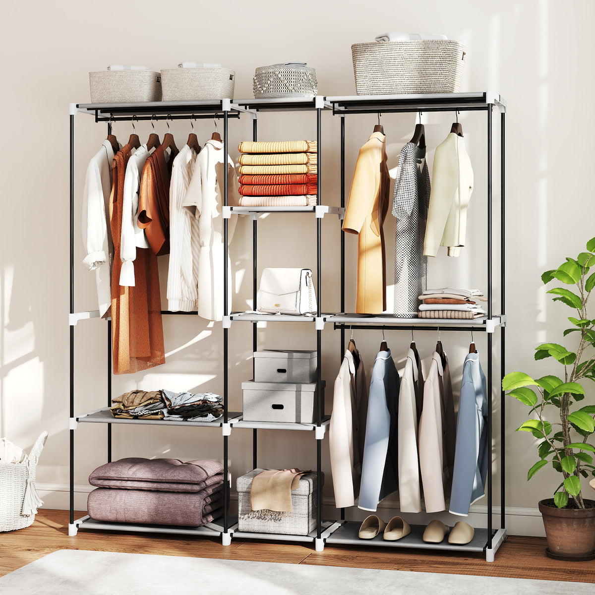 HOMCOM Portable Wardrobe, Open Clothes Wardrobe with 8 Shelves, 3 Hanging Rails, Light Grey
