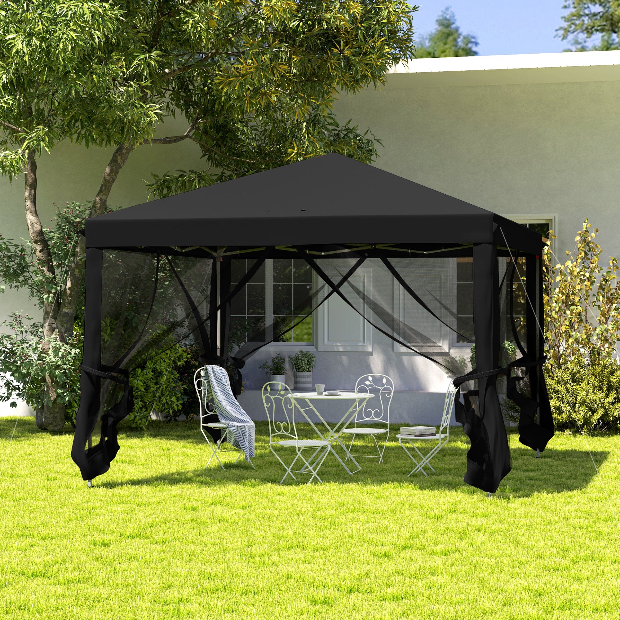 Outsunny 3 x 3 m Pop Up Gazebo, 420D Garden Tent Canopy with Removable Mesh Sidewall Netting, Carry Bag for Garden Patio Outdoor, Black - North Peak Garden Furniture