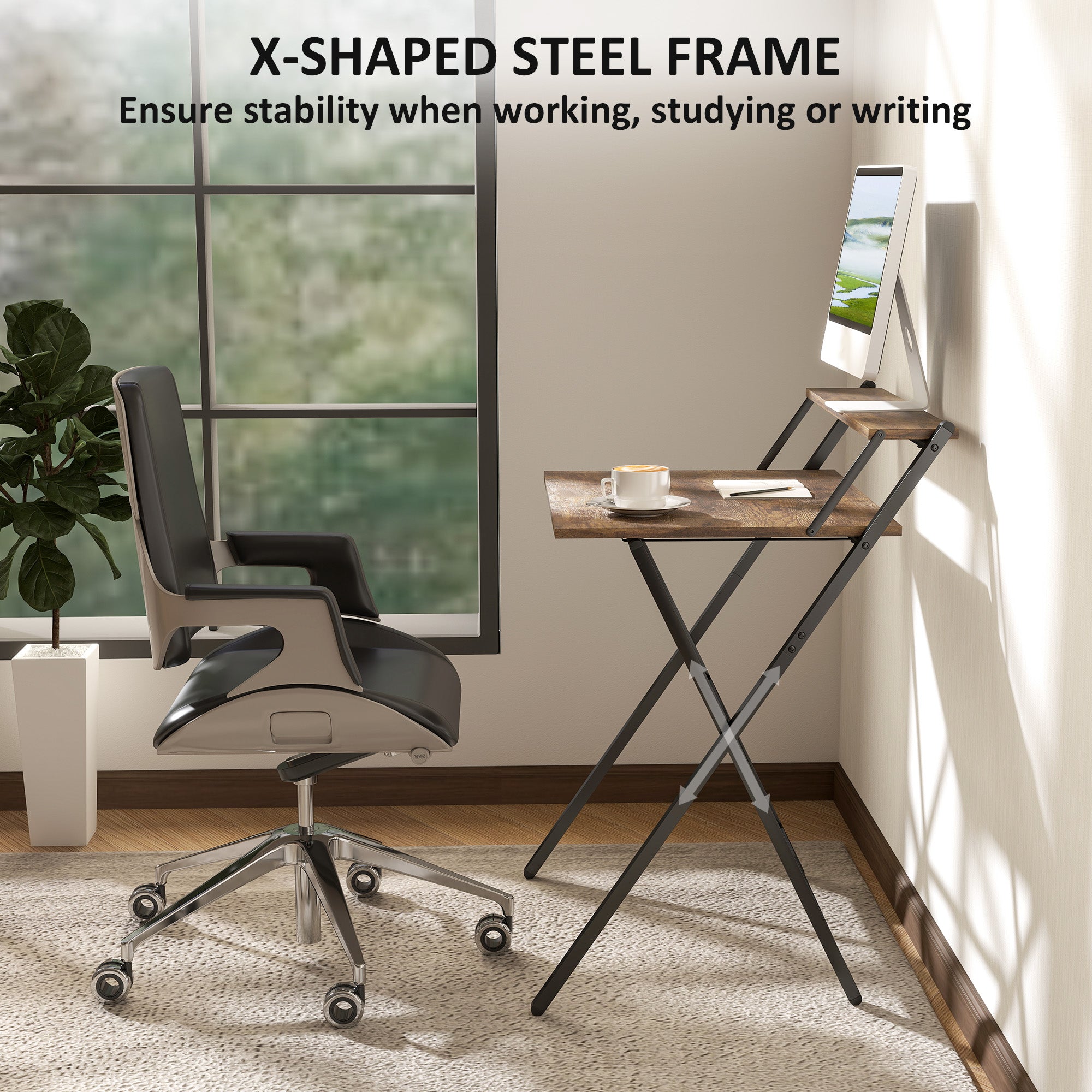 HOMCOM 70 cm Folding Computer Desk with Monitor Shelf - Rustic Brown - North Peak Garden Furniture