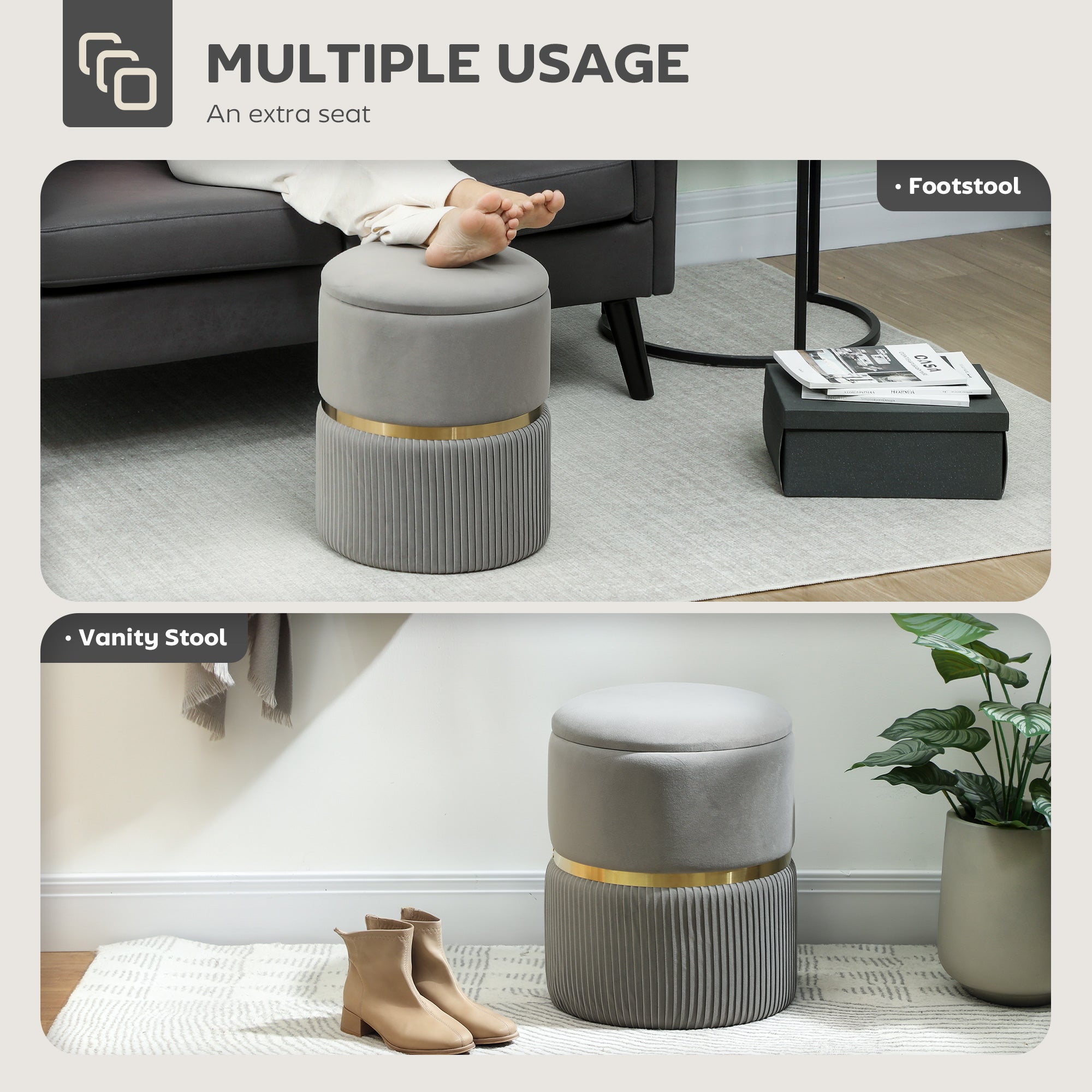 HOMCOM Velvet-Feel Storage Ottoman - Light Grey