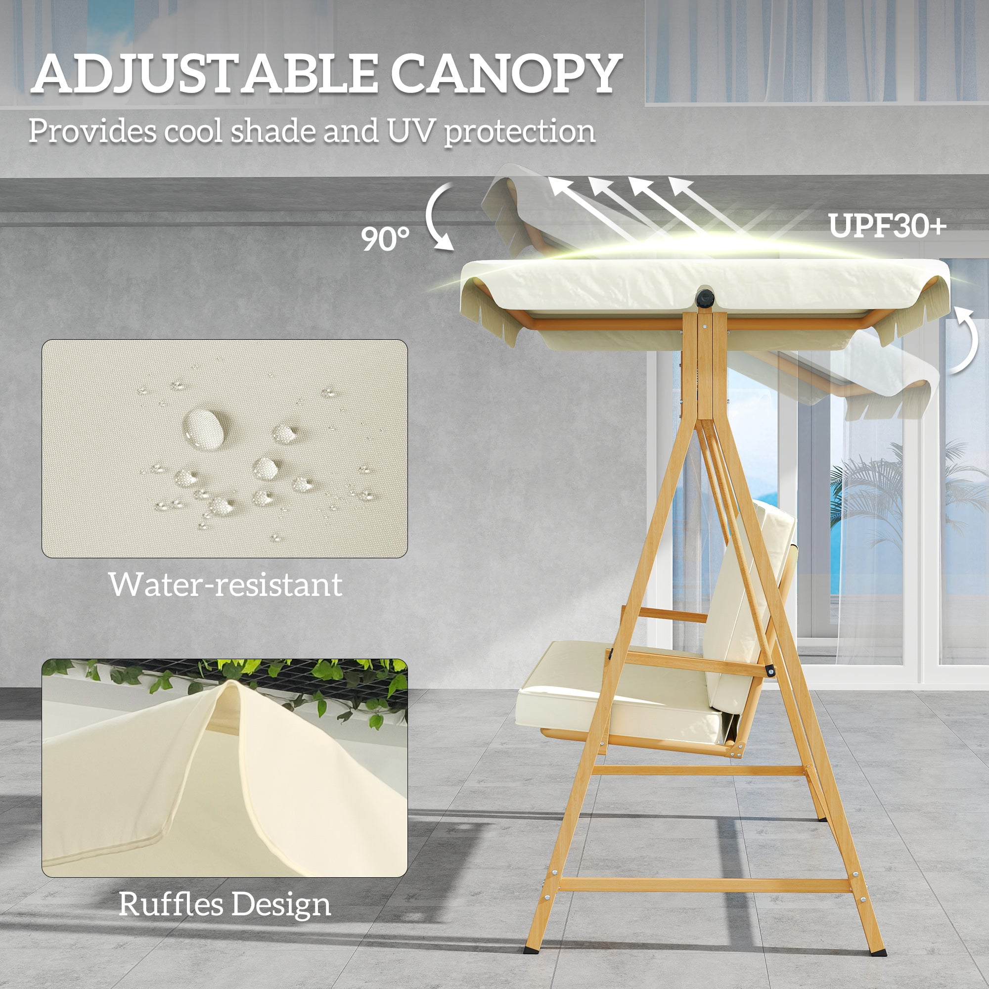 Outsunny Three-Seater Garden Swing Bench, with Adjustable Canopy - Beige - North Peak Garden Furniture